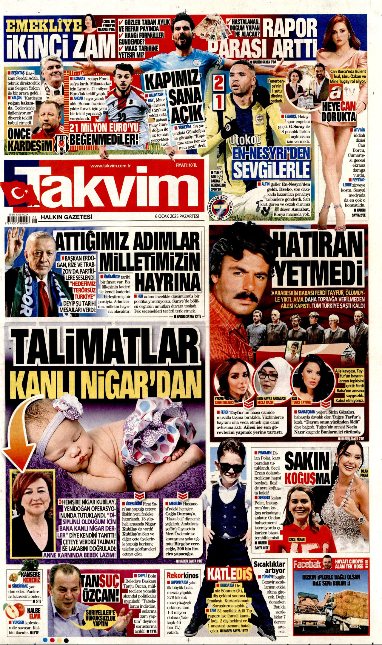 TAKVİM gazetesinin 6 Ocak 2025 tarihli birinci sayfası