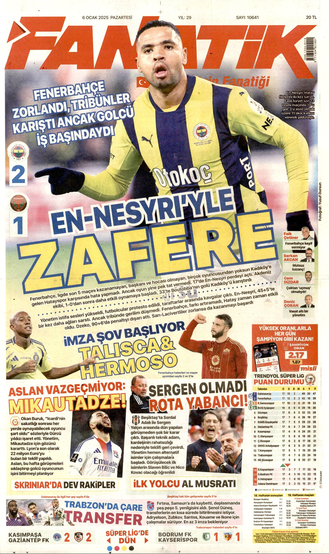 FANATİK gazetesinin 6 Ocak 2025 tarihli birinci sayfası