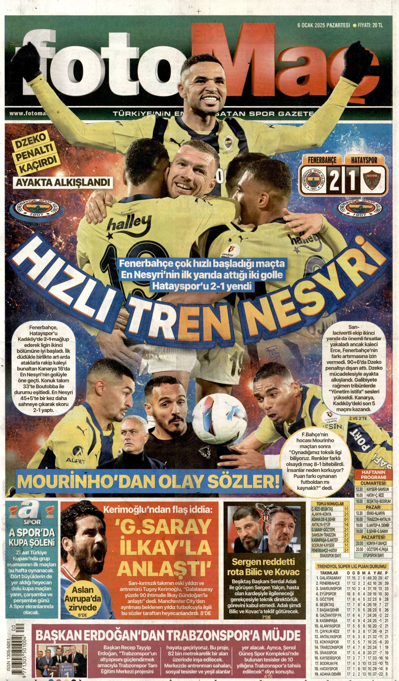 FOTOMAÇ gazetesinin 6 Ocak 2025 tarihli birinci sayfası