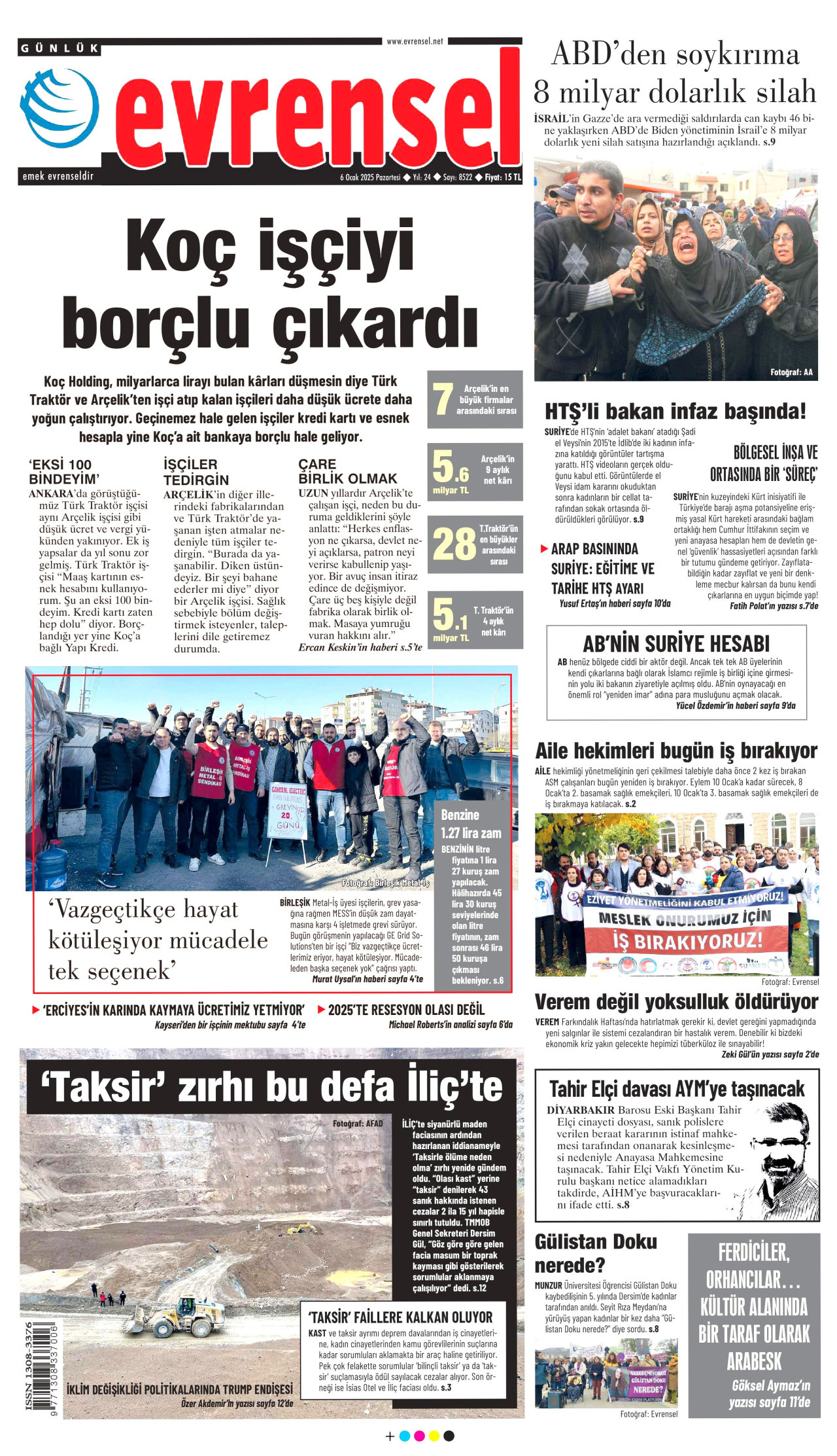EVRENSEL gazetesinin 6 Ocak 2025 tarihli birinci sayfası