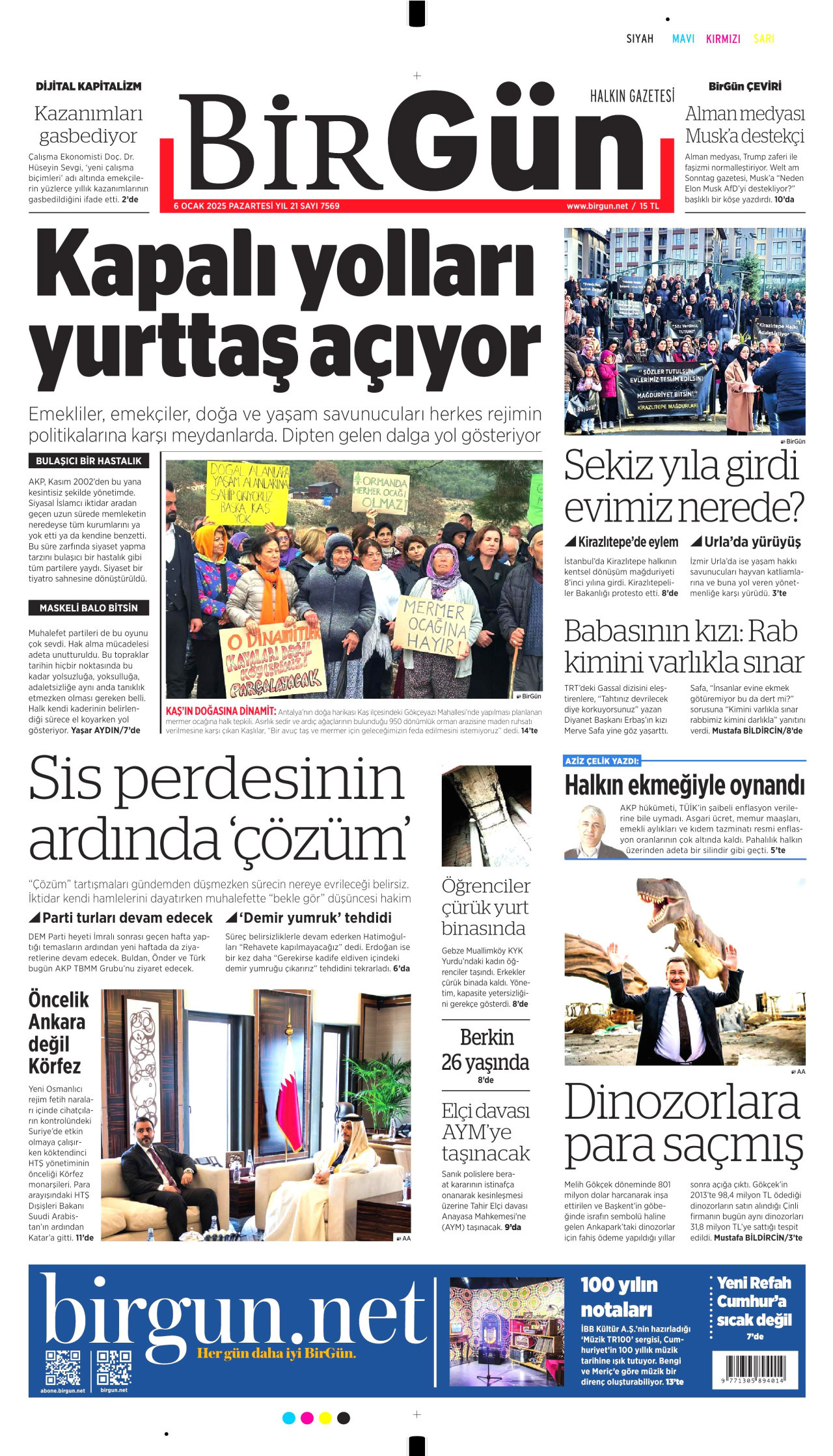 BİRGÜN gazetesinin 6 Ocak 2025 tarihli birinci sayfası