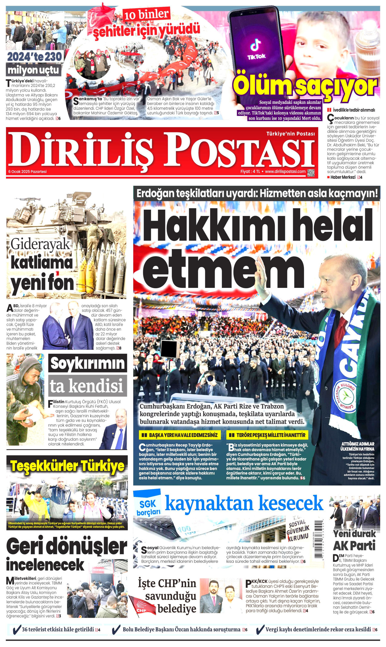 DİRİLİŞ POSTASI gazetesinin 6 Ocak 2025 tarihli birinci sayfası