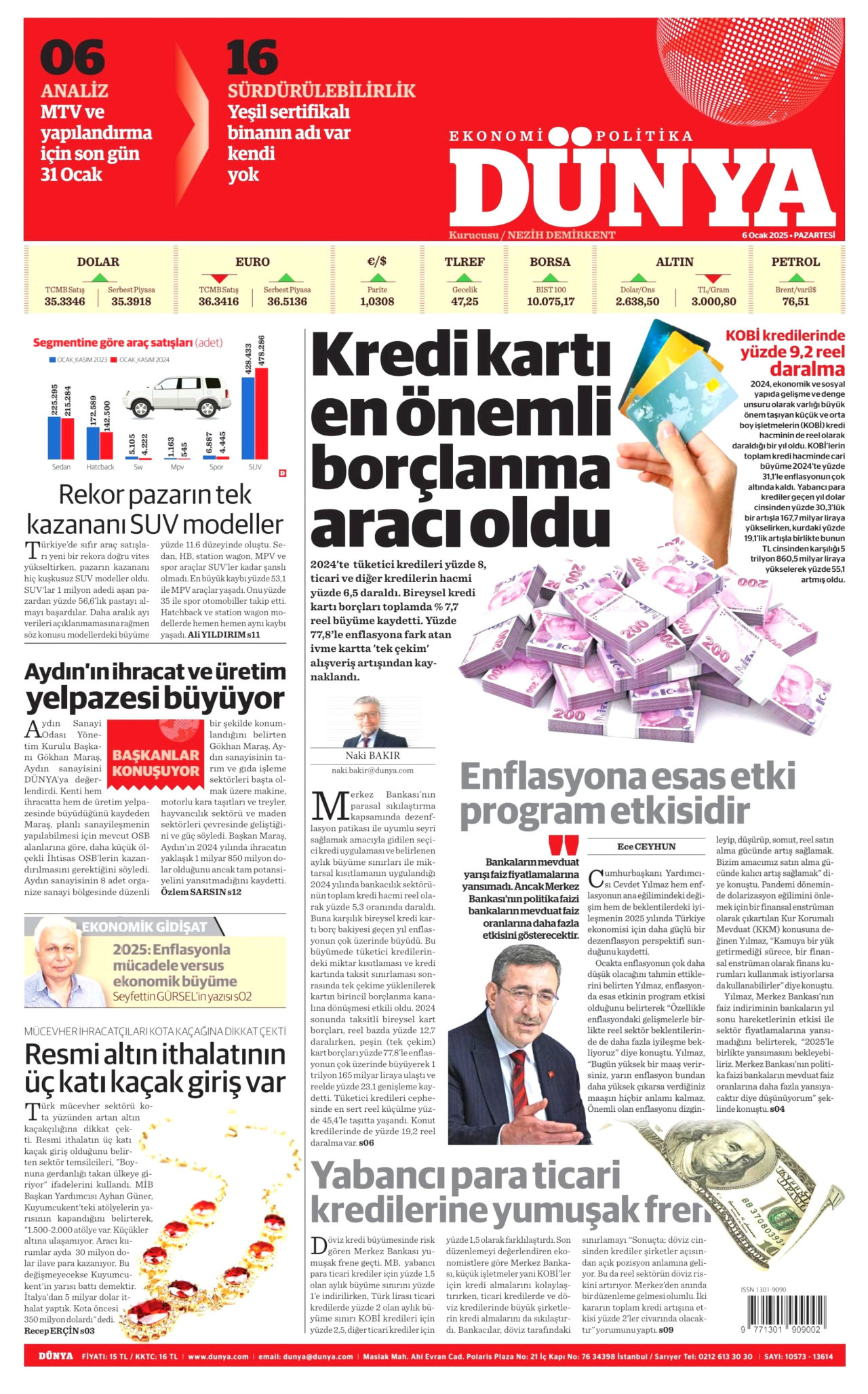 DÜNYA gazetesinin 6 Ocak 2025 tarihli birinci sayfası