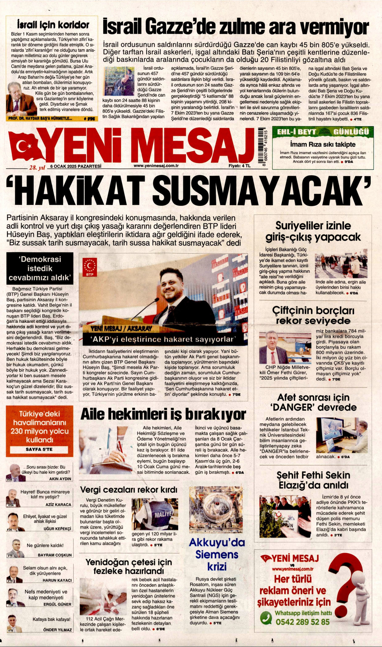 YENİ MESAJ gazetesinin 6 Ocak 2025 tarihli birinci sayfası