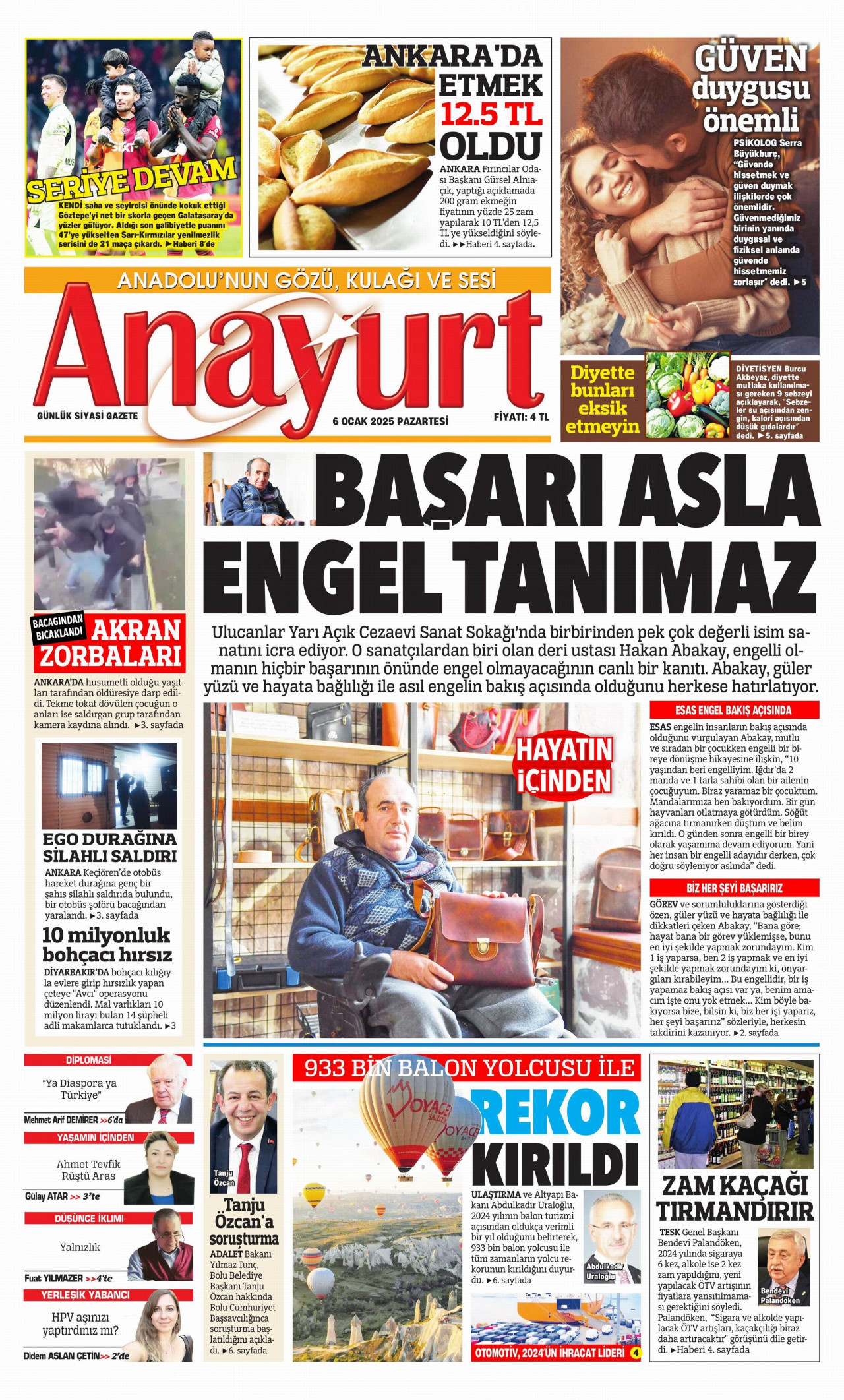ANAYURT gazetesinin 6 Ocak 2025 tarihli birinci sayfası