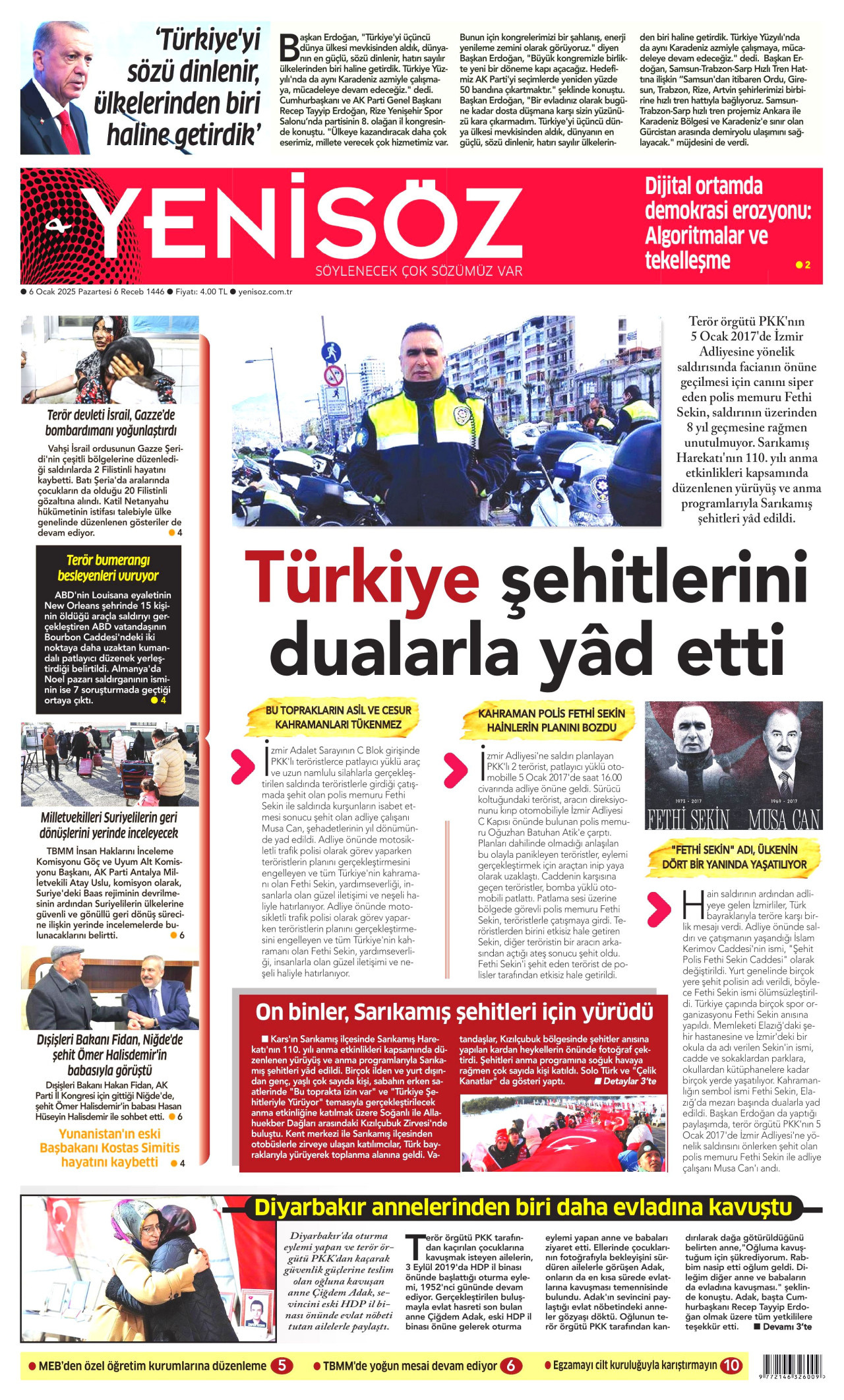 YENİ SÖZ GAZETESİ gazetesinin 6 Ocak 2025 tarihli birinci sayfası