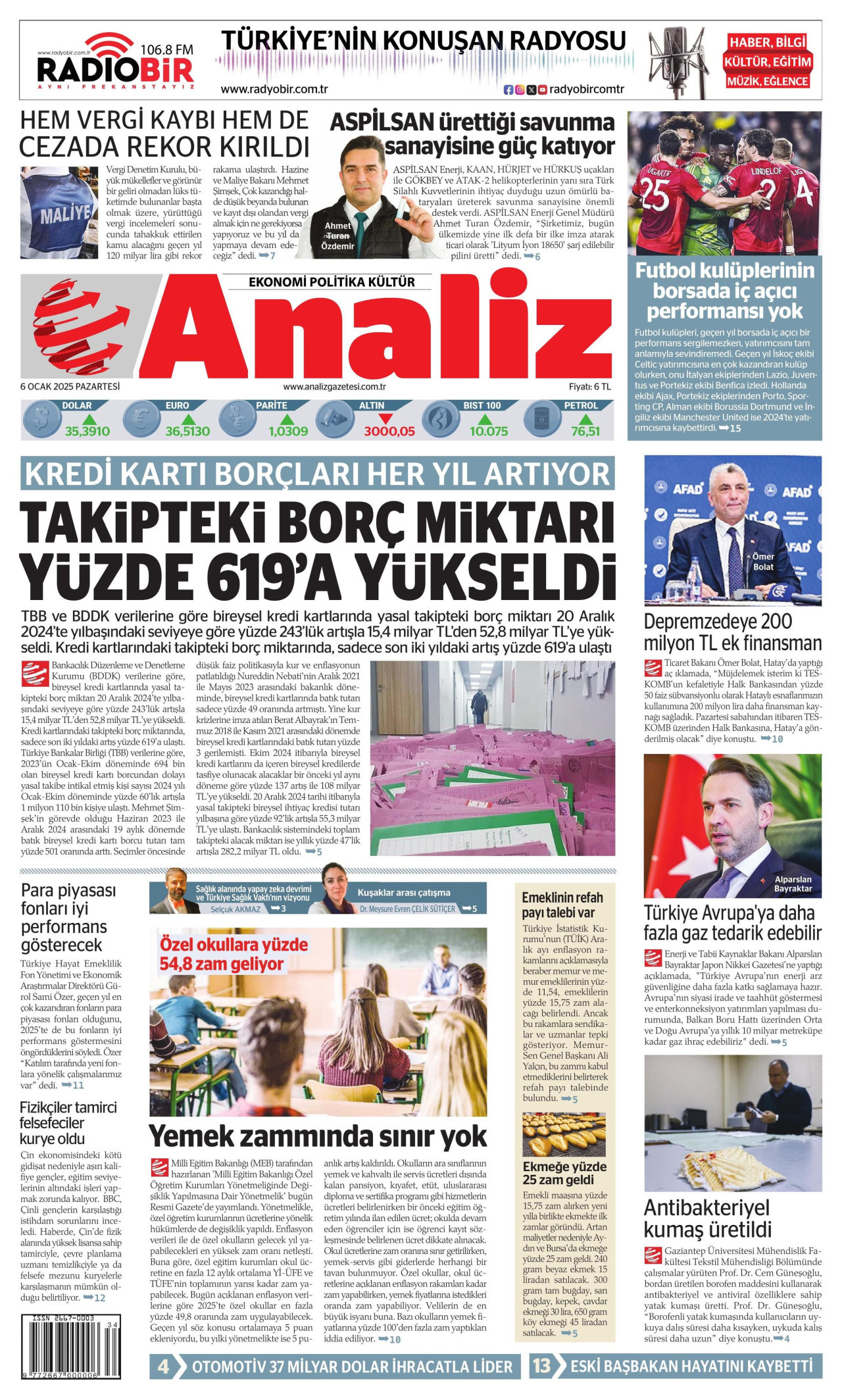 ANALİZ gazetesinin 6 Ocak 2025 tarihli birinci sayfası
