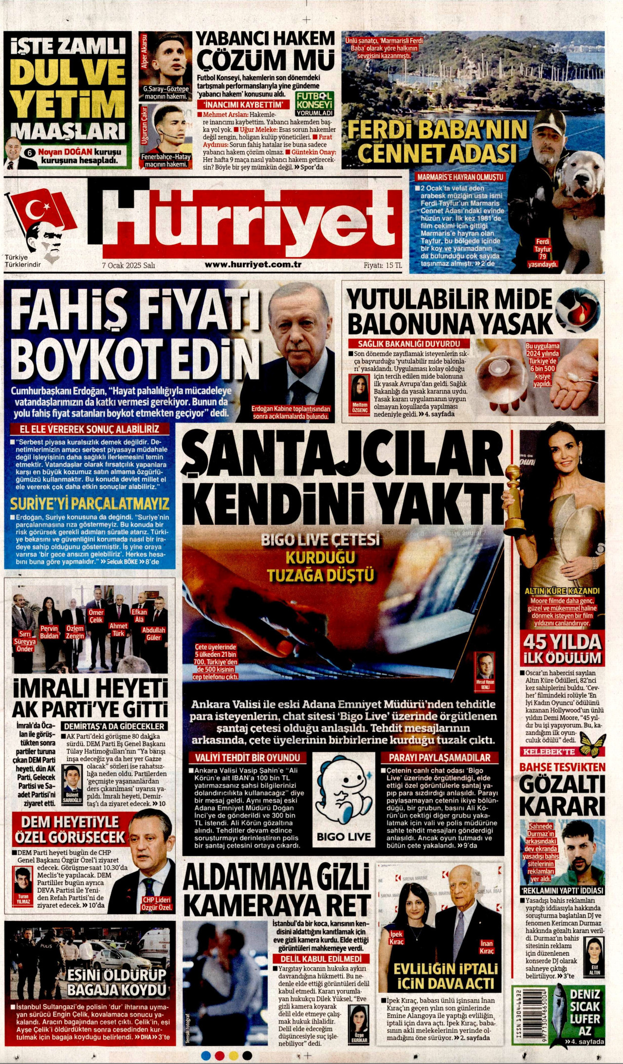 HÜRRİYET gazetesinin 7 Ocak 2025 tarihli birinci sayfası