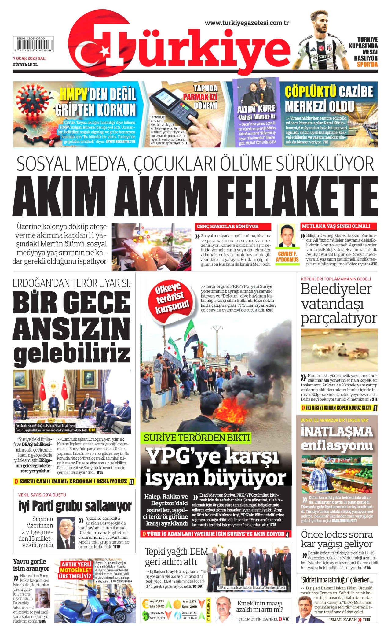 TÜRKİYE GAZETESİ gazetesinin 7 Ocak 2025 tarihli birinci sayfası