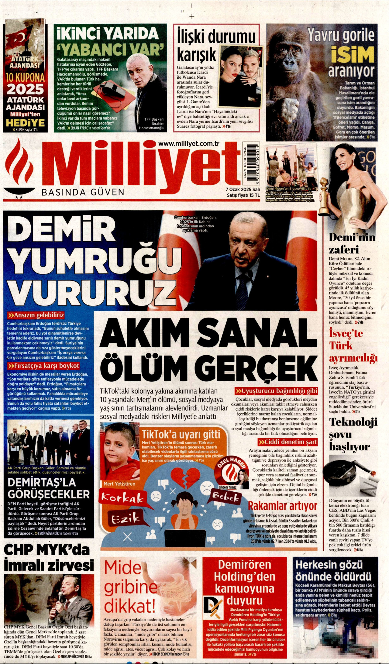 MİLLİYET gazetesinin 7 Ocak 2025 tarihli birinci sayfası