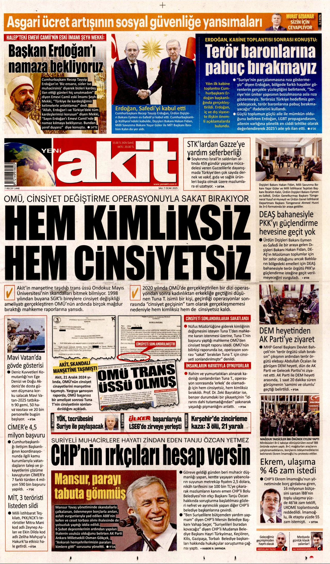 YENİ AKİT gazetesinin 7 Ocak 2025 tarihli birinci sayfası
