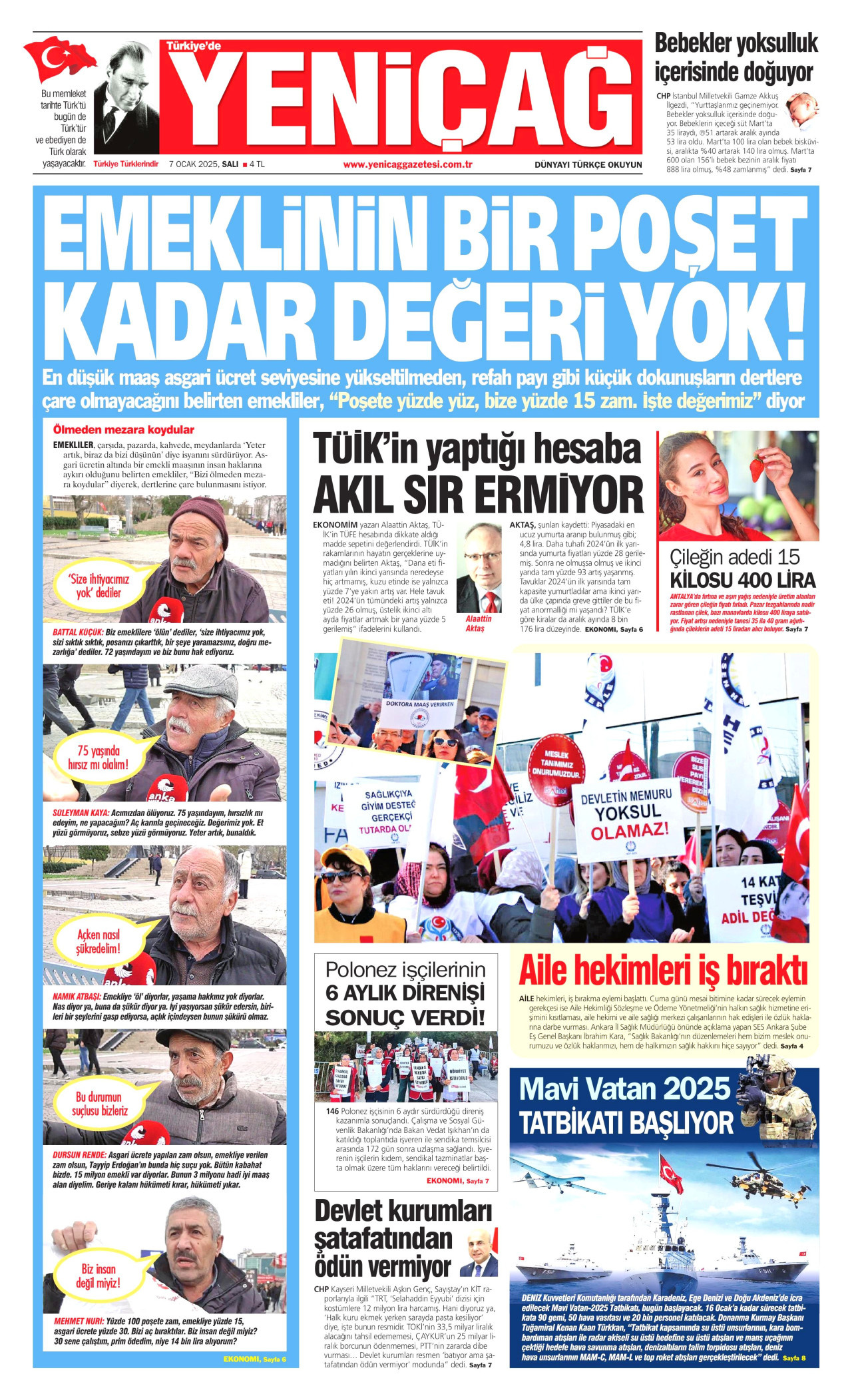 YENİÇAĞ gazetesinin 7 Ocak 2025 tarihli birinci sayfası