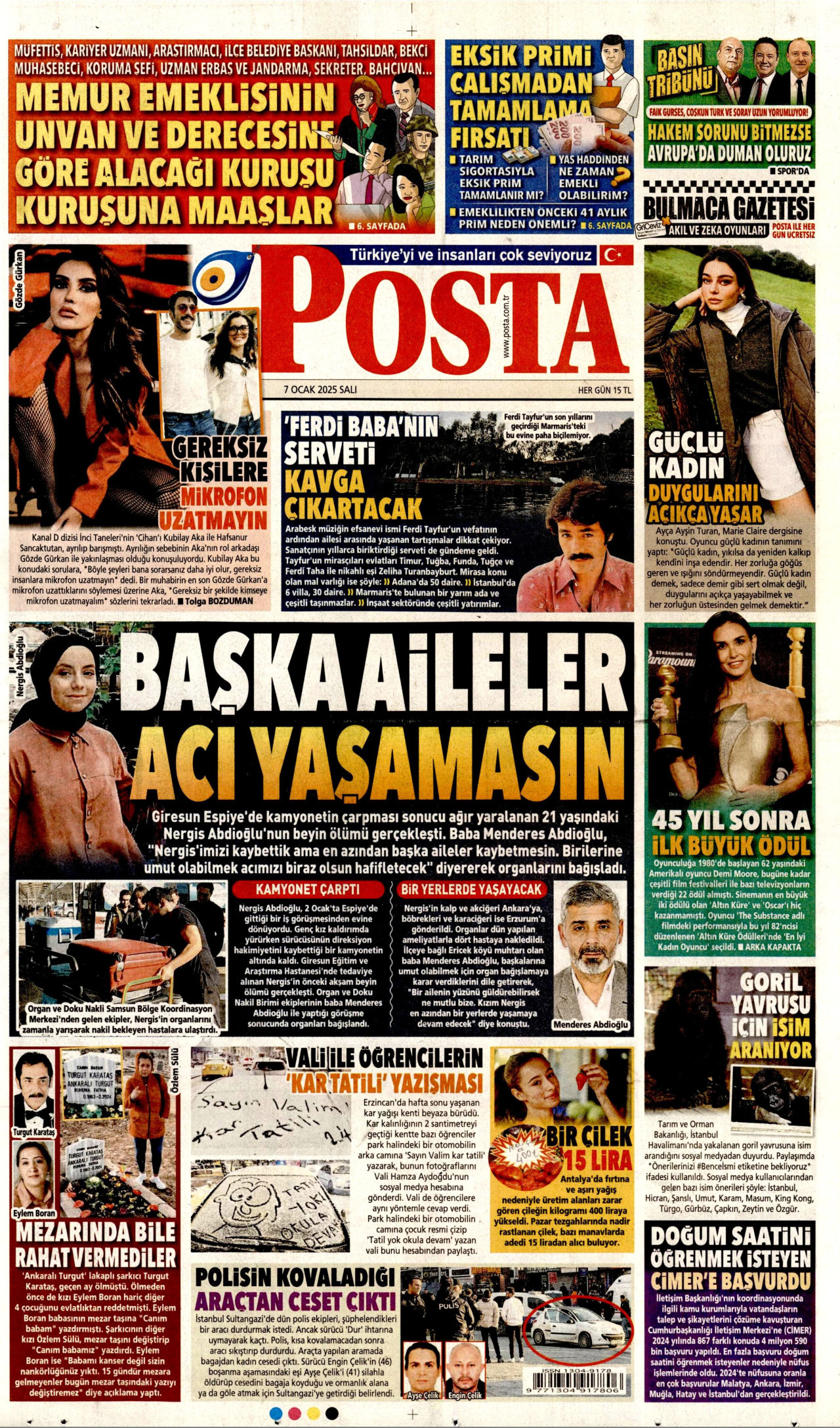 POSTA gazetesinin 7 Ocak 2025 tarihli birinci sayfası