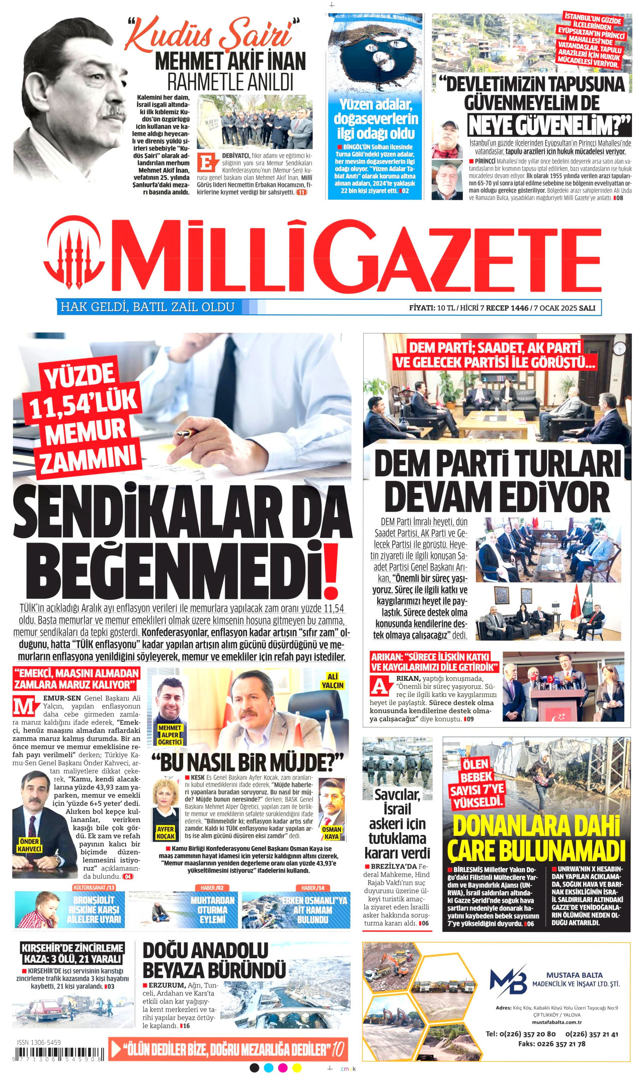 MİLLİ GAZETE gazetesinin 7 Ocak 2025 tarihli birinci sayfası