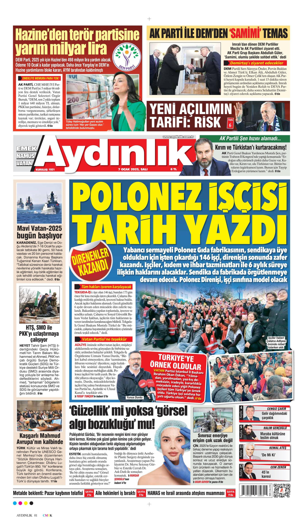 AYDINLIK GAZETESİ gazetesinin 7 Ocak 2025 tarihli birinci sayfası