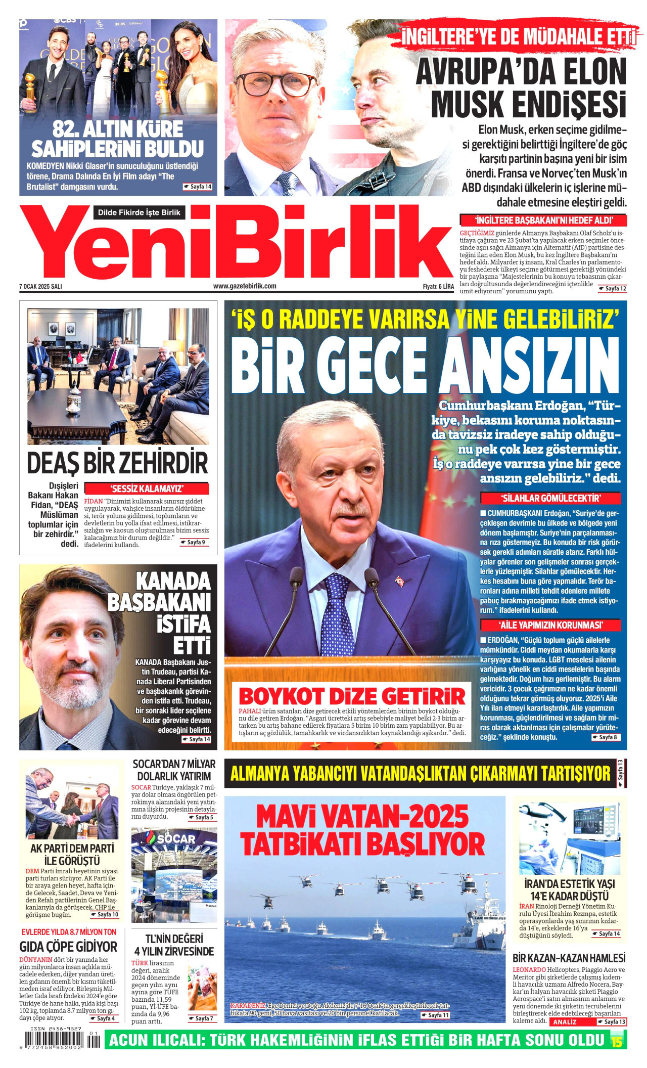 YENİBİRLİK gazetesinin 7 Ocak 2025 tarihli birinci sayfası