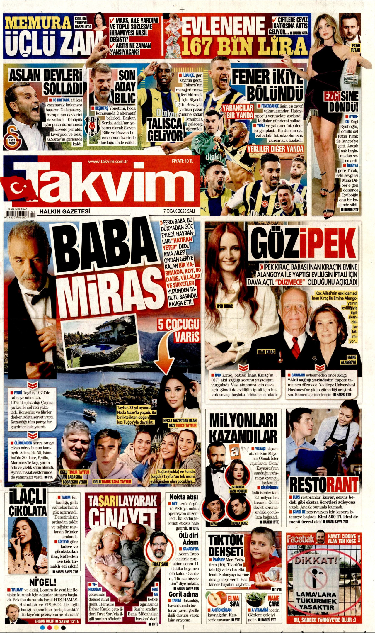 TAKVİM gazetesinin 7 Ocak 2025 tarihli birinci sayfası