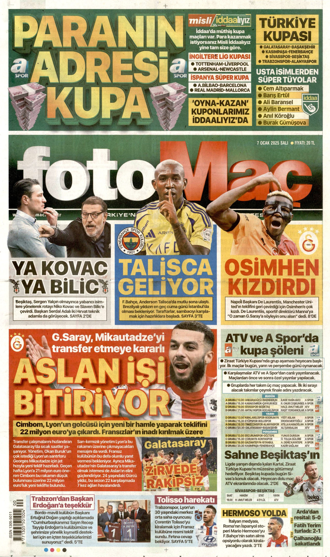 FOTOMAÇ gazetesinin 7 Ocak 2025 tarihli birinci sayfası