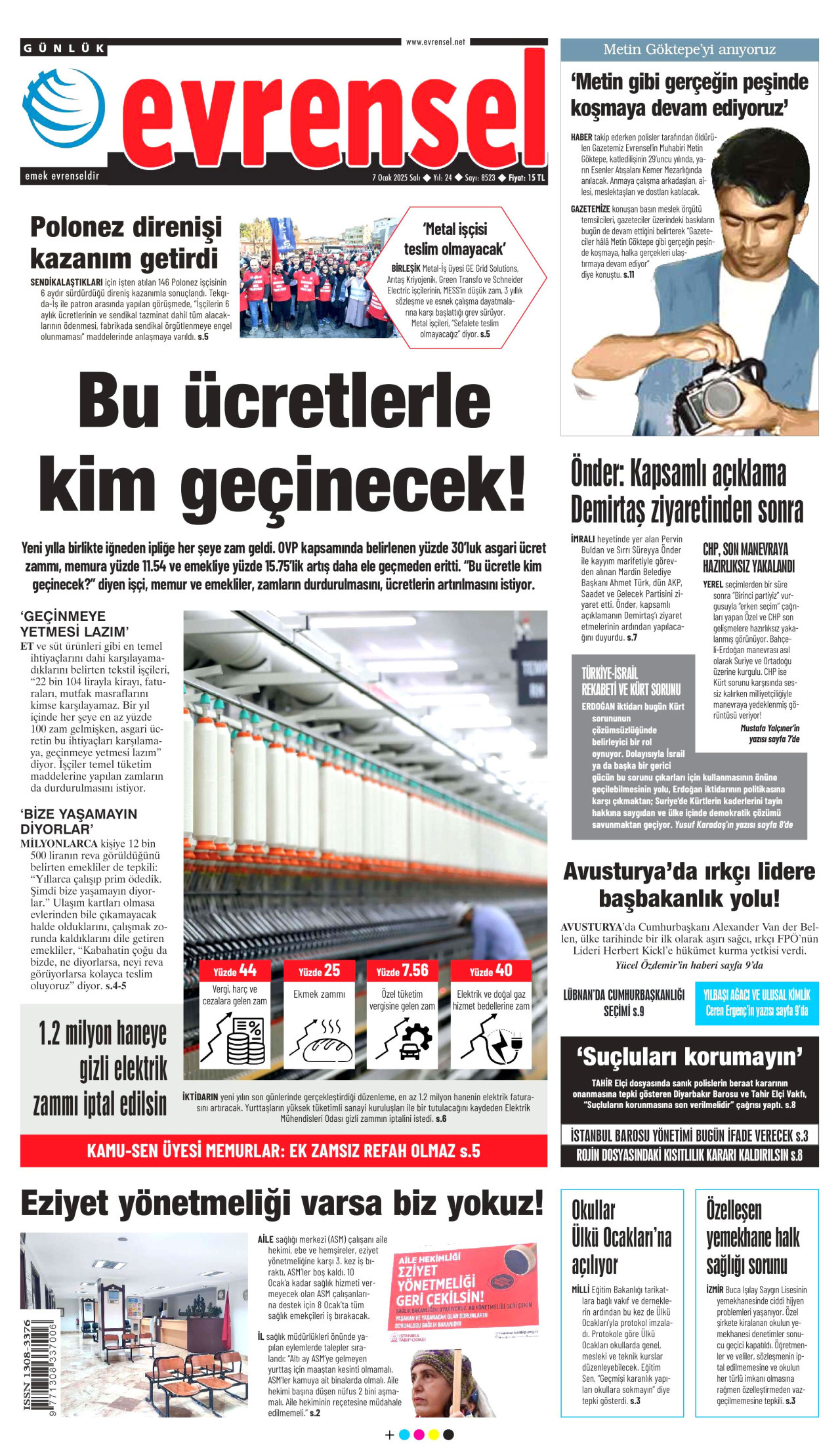 EVRENSEL gazetesinin 7 Ocak 2025 tarihli birinci sayfası