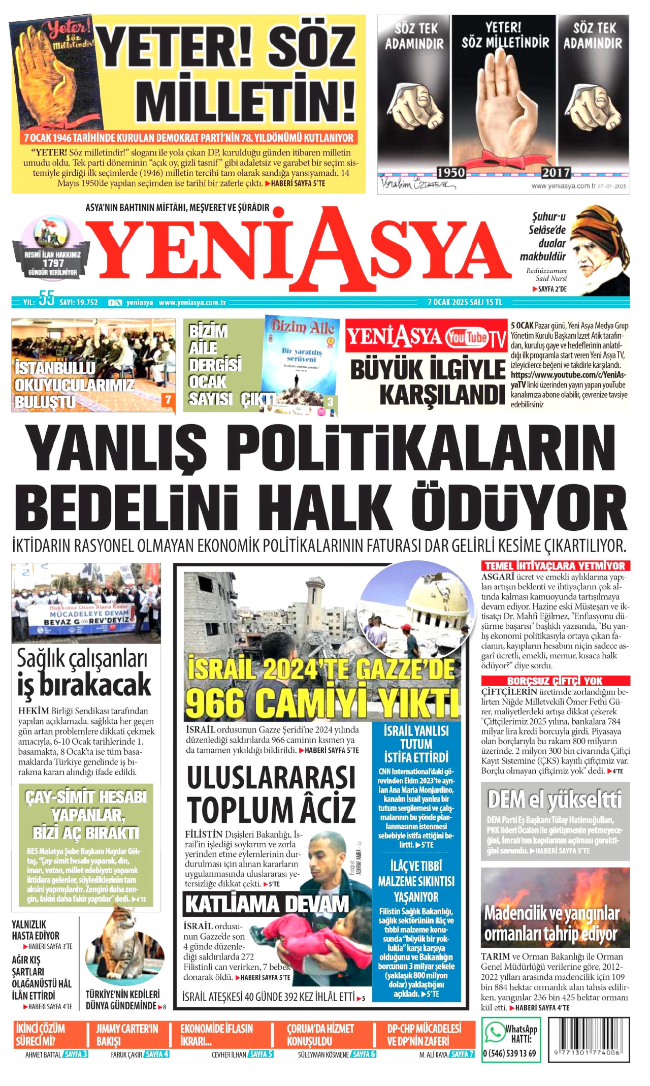 YENİ ASYA gazetesinin 7 Ocak 2025 tarihli birinci sayfası