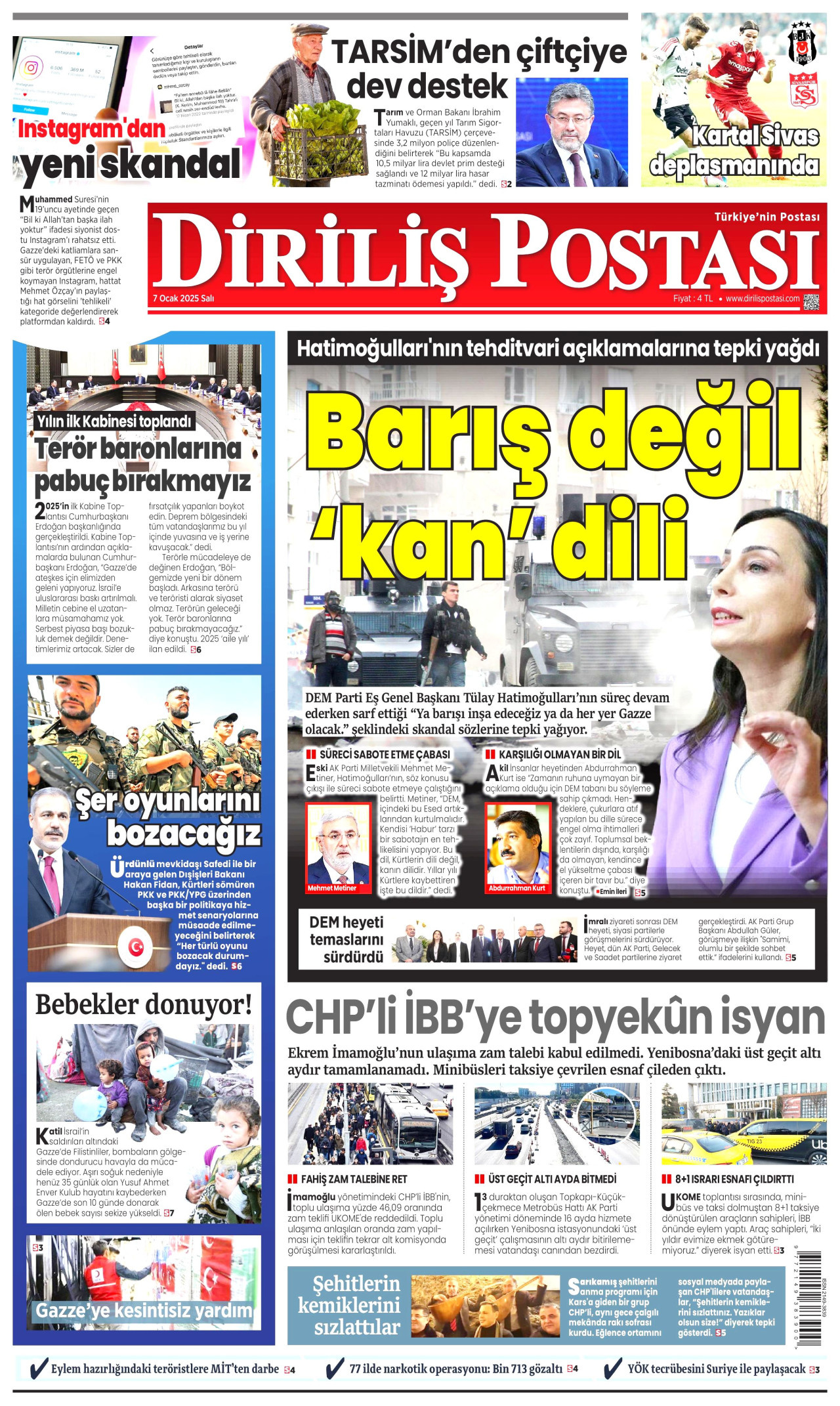 DİRİLİŞ POSTASI gazetesinin 7 Ocak 2025 tarihli birinci sayfası