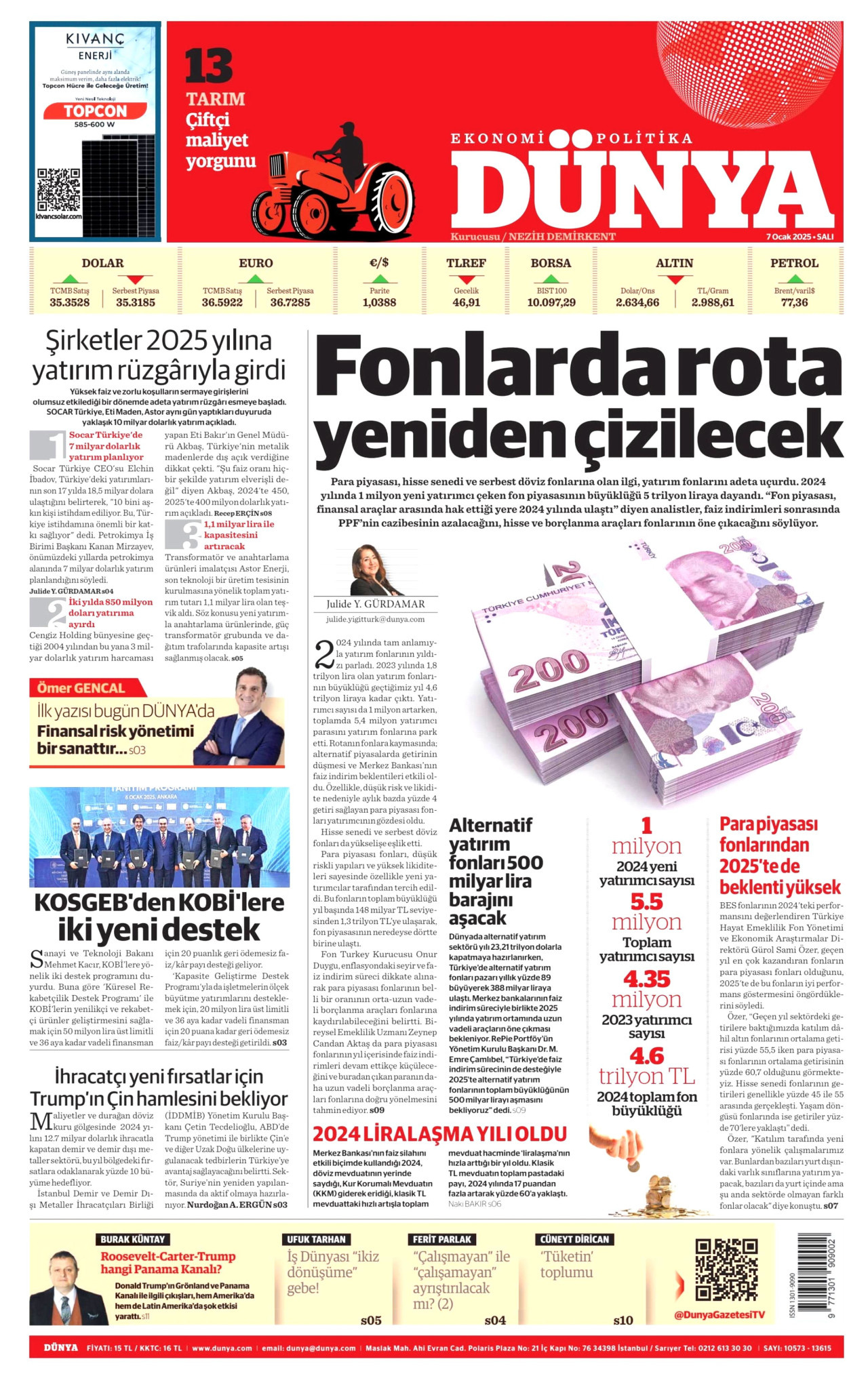 DÜNYA gazetesinin 7 Ocak 2025 tarihli birinci sayfası