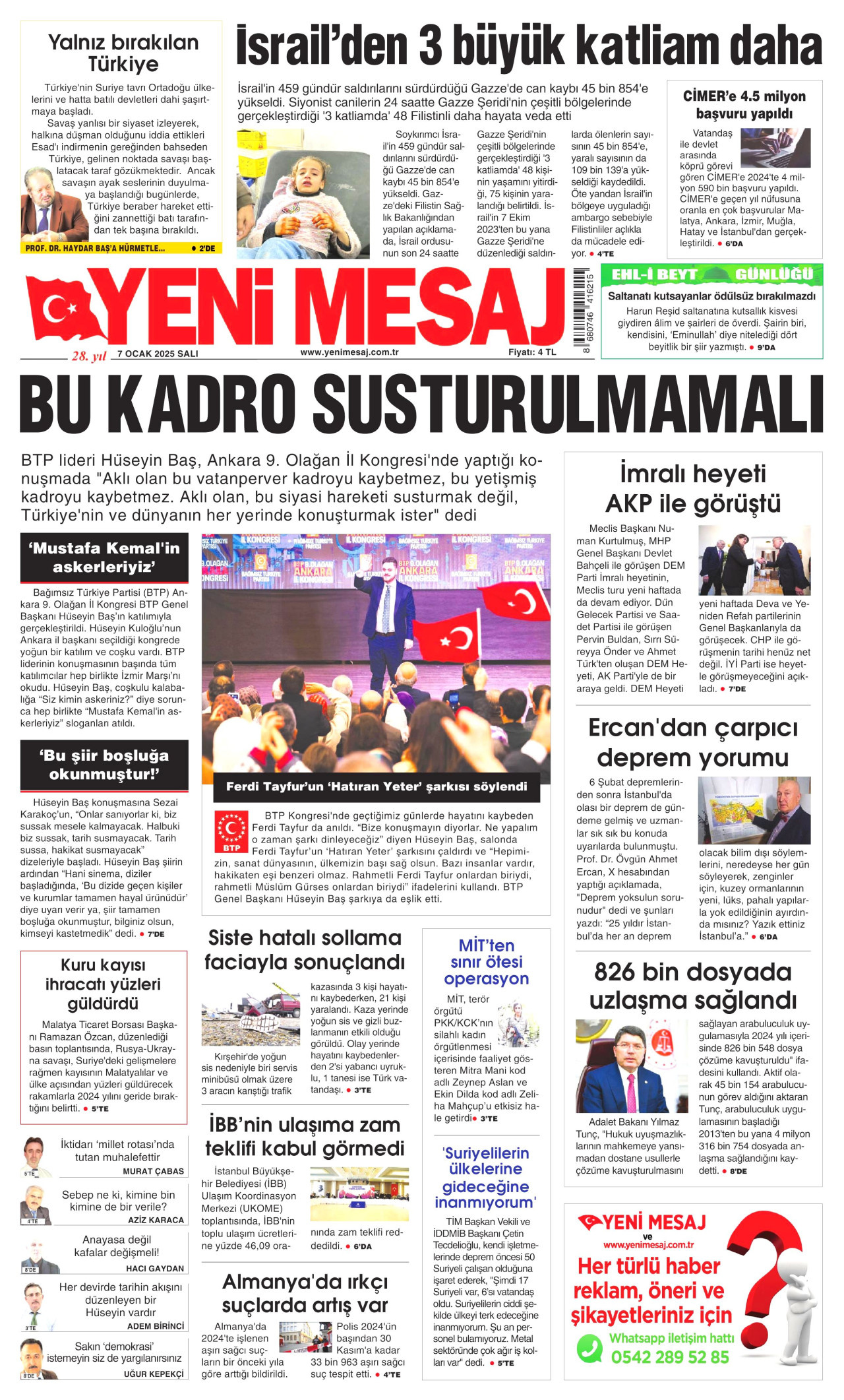 YENİ MESAJ gazetesinin 7 Ocak 2025 tarihli birinci sayfası