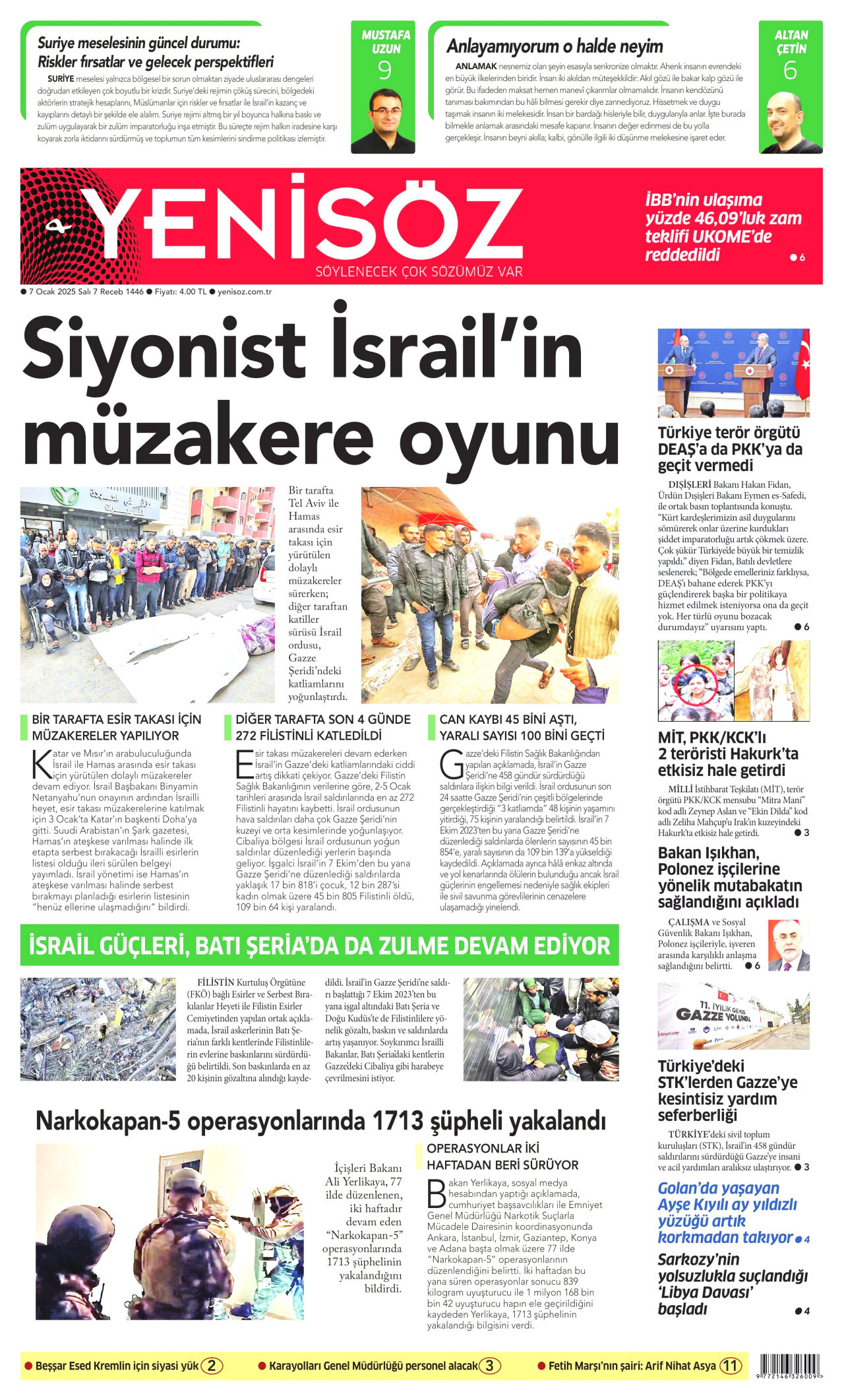 YENİ SÖZ GAZETESİ gazetesinin 7 Ocak 2025 tarihli birinci sayfası