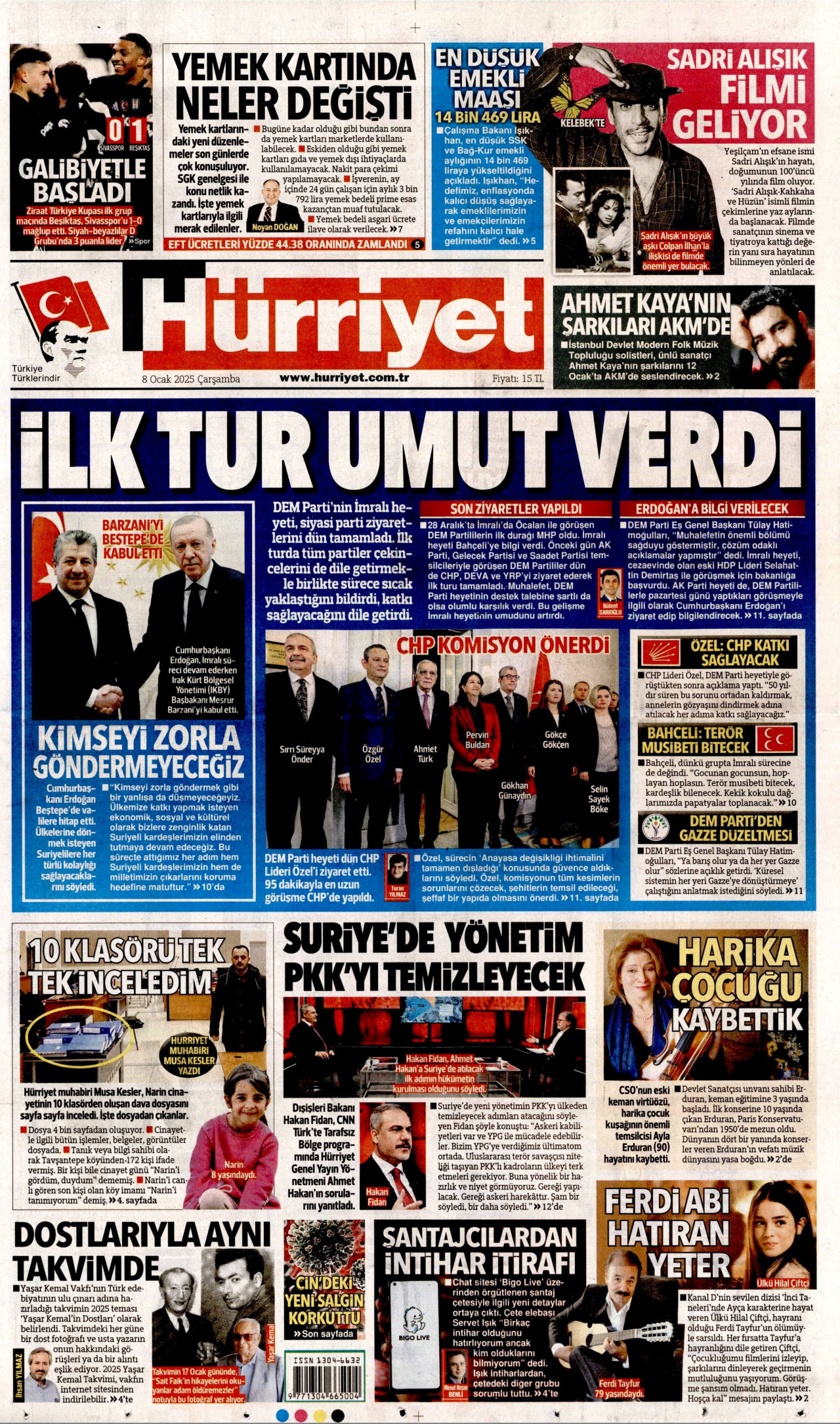 HÜRRİYET gazetesinin 8 Ocak 2025 tarihli birinci sayfası