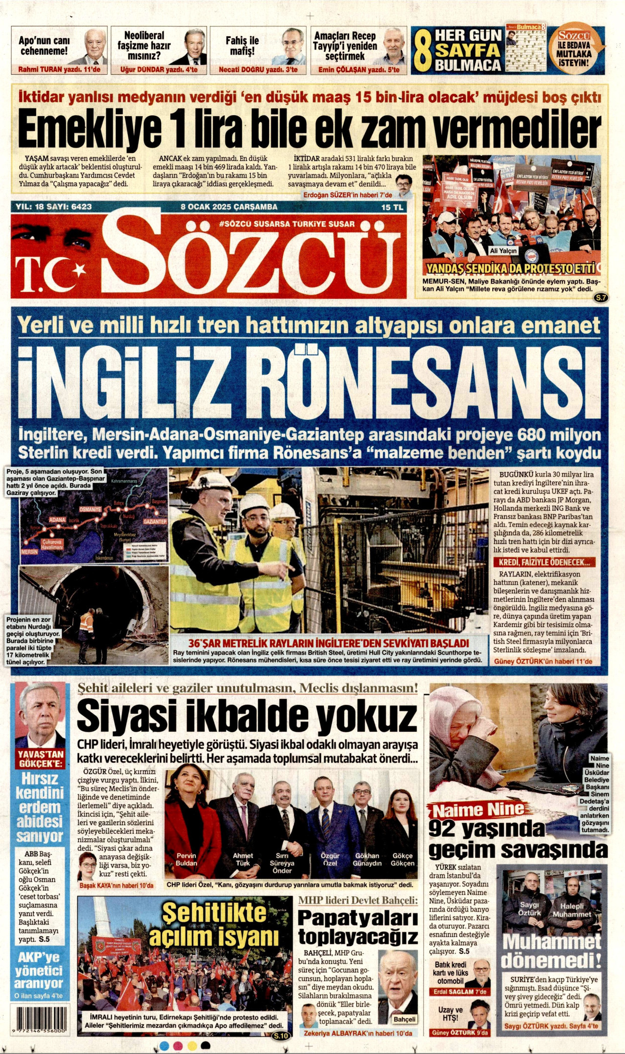 SÖZCÜ gazetesinin 8 Ocak 2025 tarihli birinci sayfası