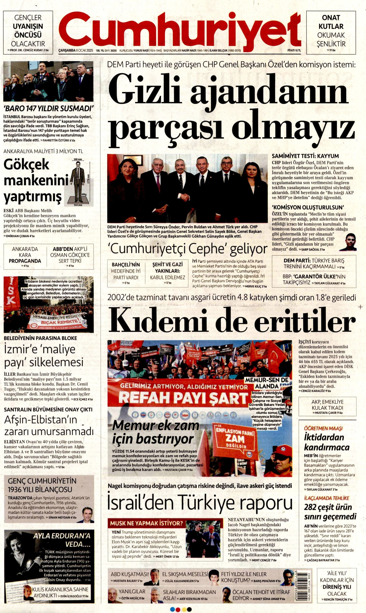 CUMHURİYET gazetesinin 8 Ocak 2025 tarihli birinci sayfası
