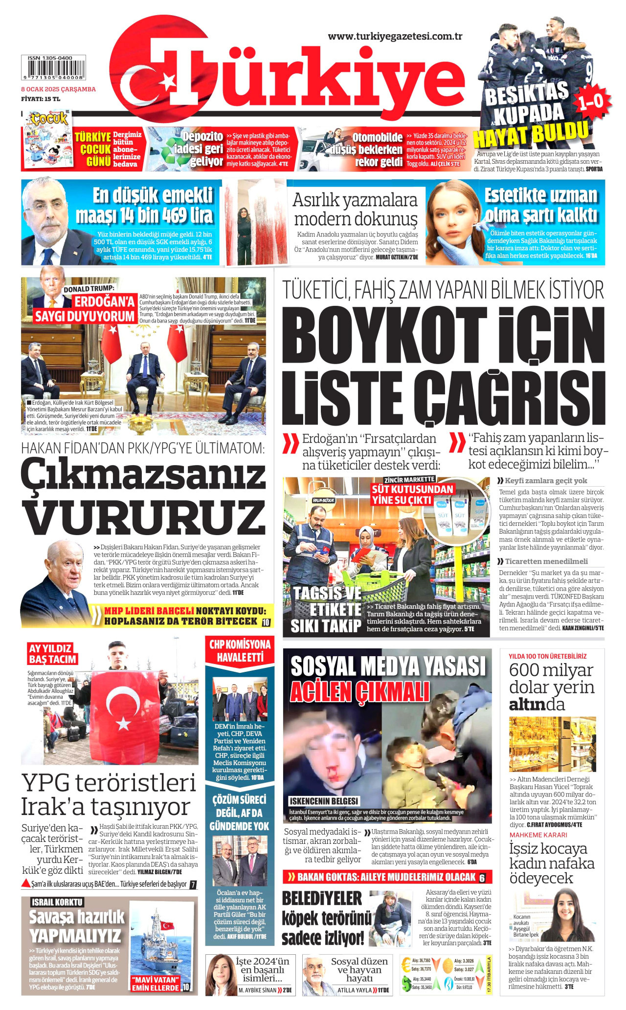 TÜRKİYE GAZETESİ gazetesinin 8 Ocak 2025 tarihli birinci sayfası