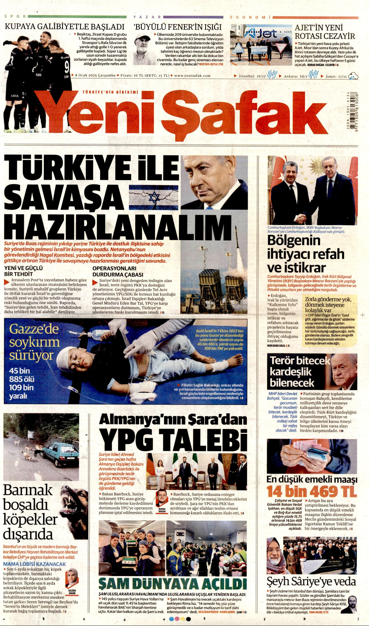 YENİ ŞAFAK gazetesinin 8 Ocak 2025 tarihli birinci sayfası
