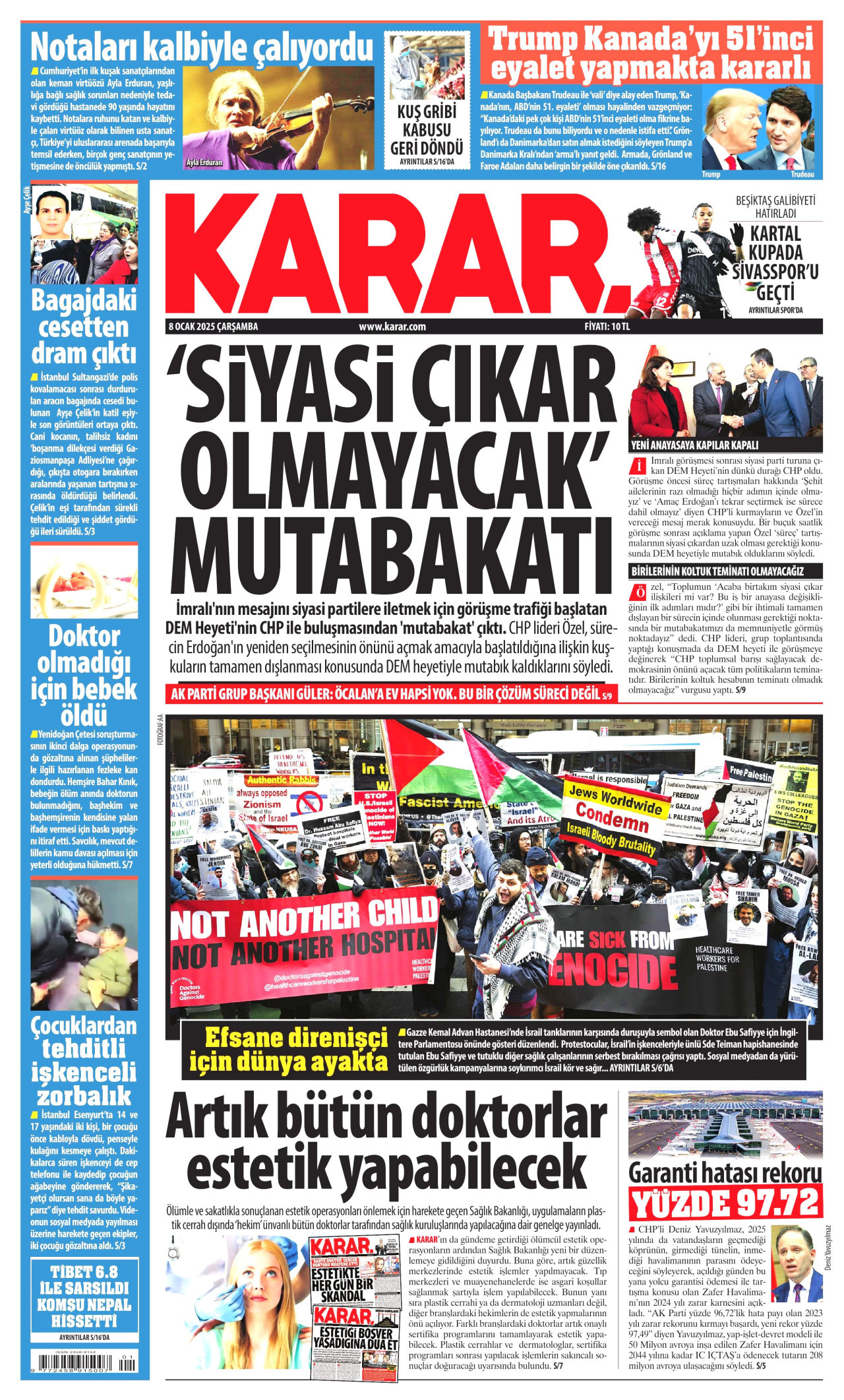 KARAR gazetesinin 8 Ocak 2025 tarihli birinci sayfası
