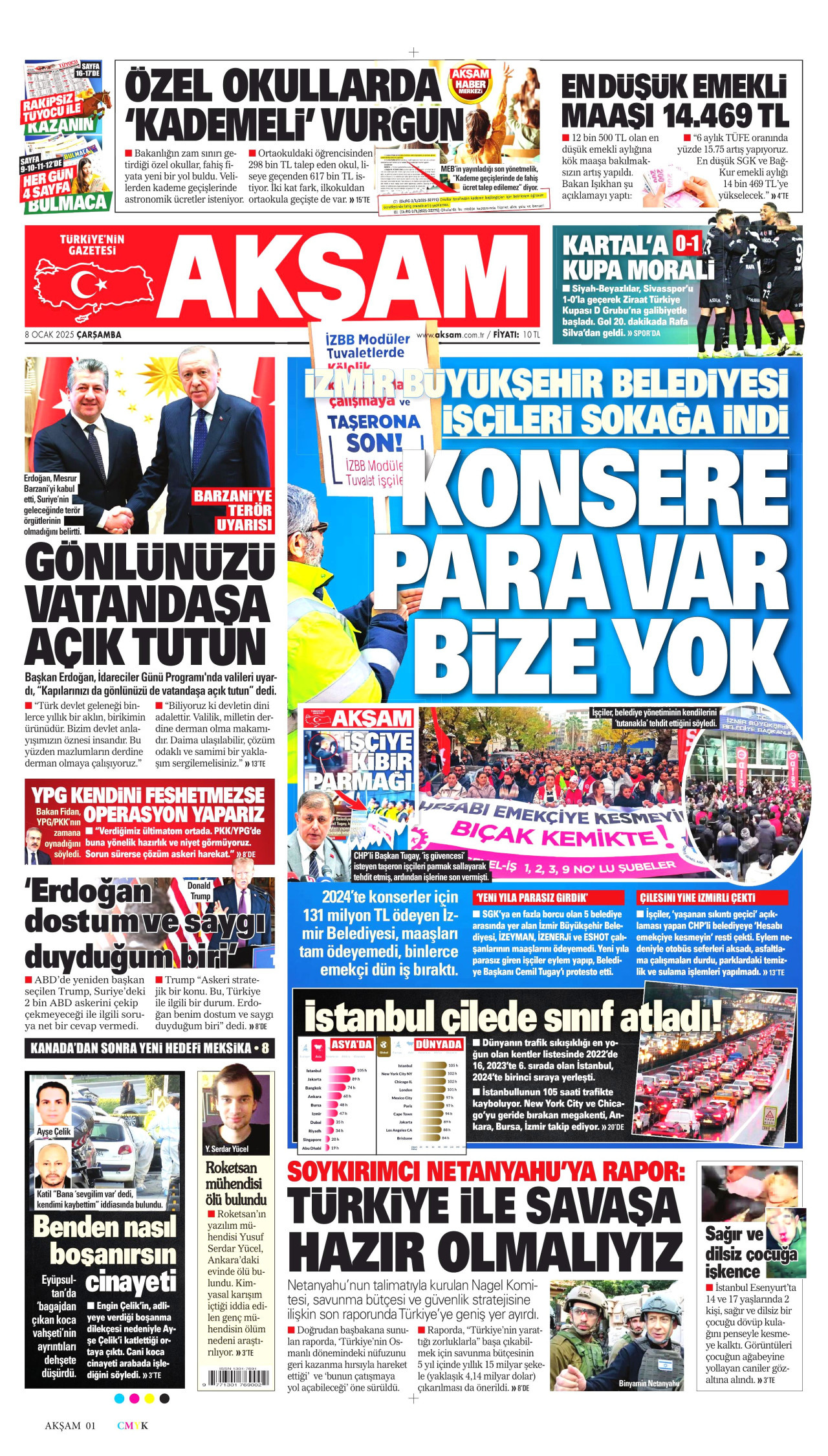 AKŞAM gazetesinin 8 Ocak 2025 tarihli birinci sayfası