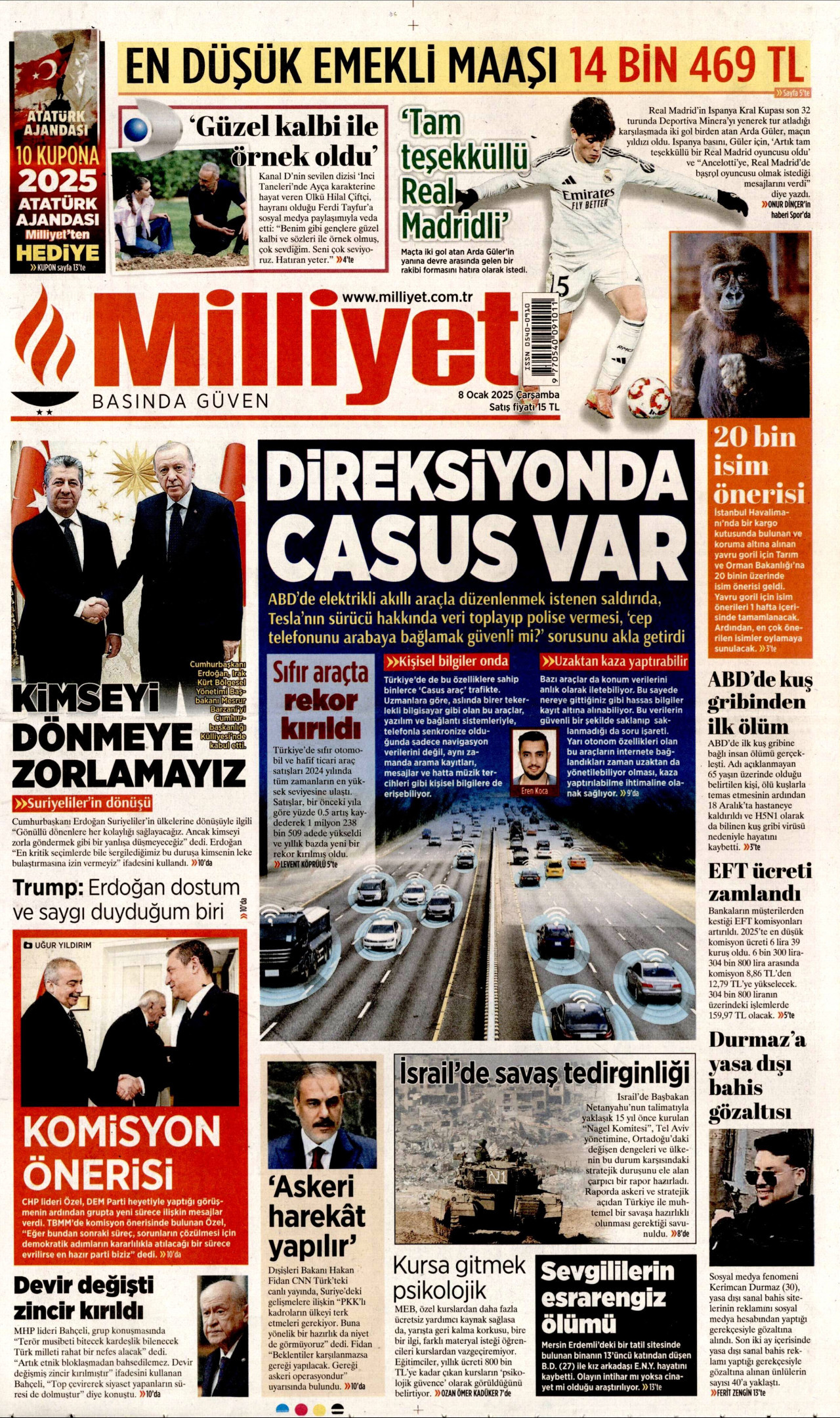 MİLLİYET gazetesinin 8 Ocak 2025 tarihli birinci sayfası