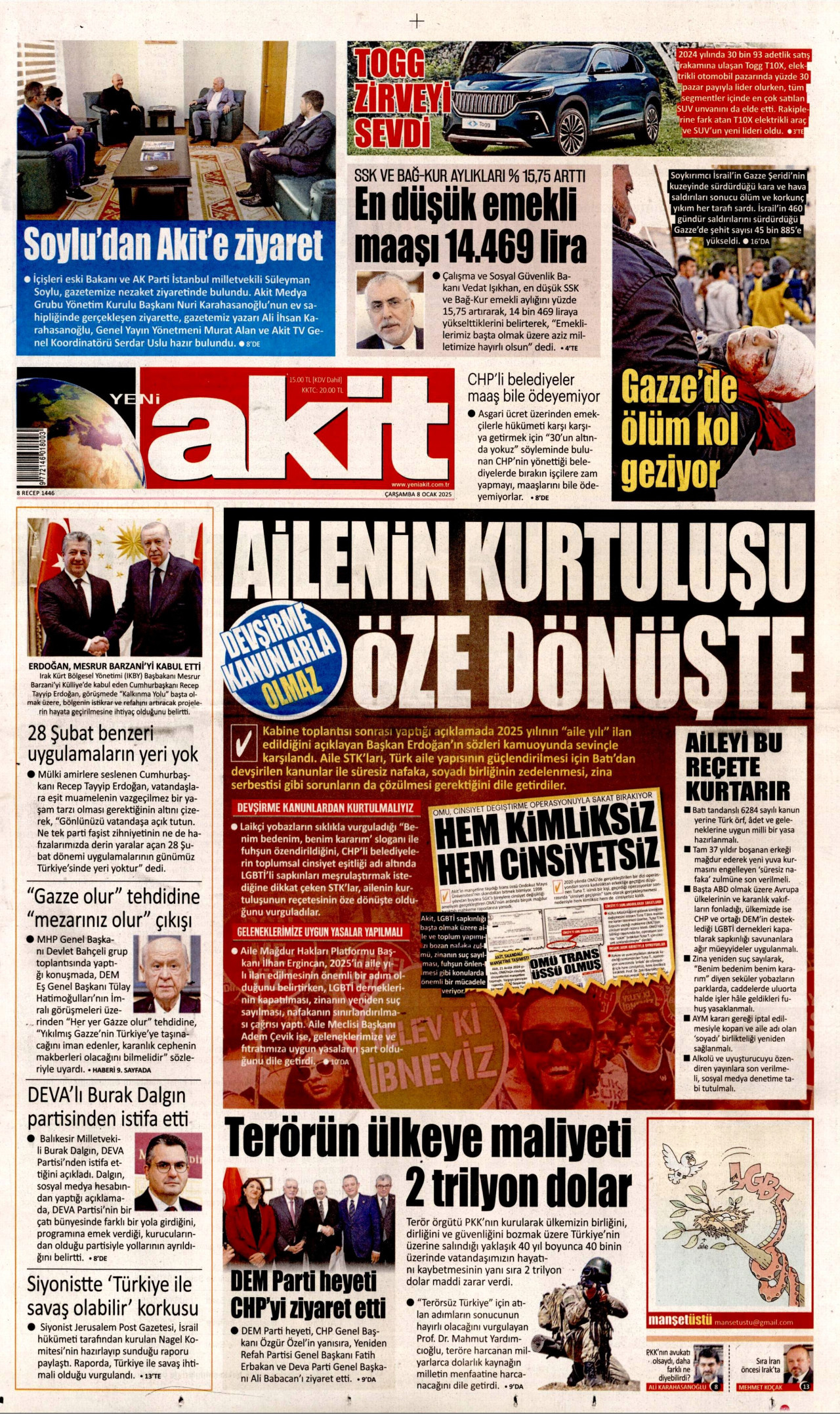 YENİ AKİT gazetesinin 8 Ocak 2025 tarihli birinci sayfası