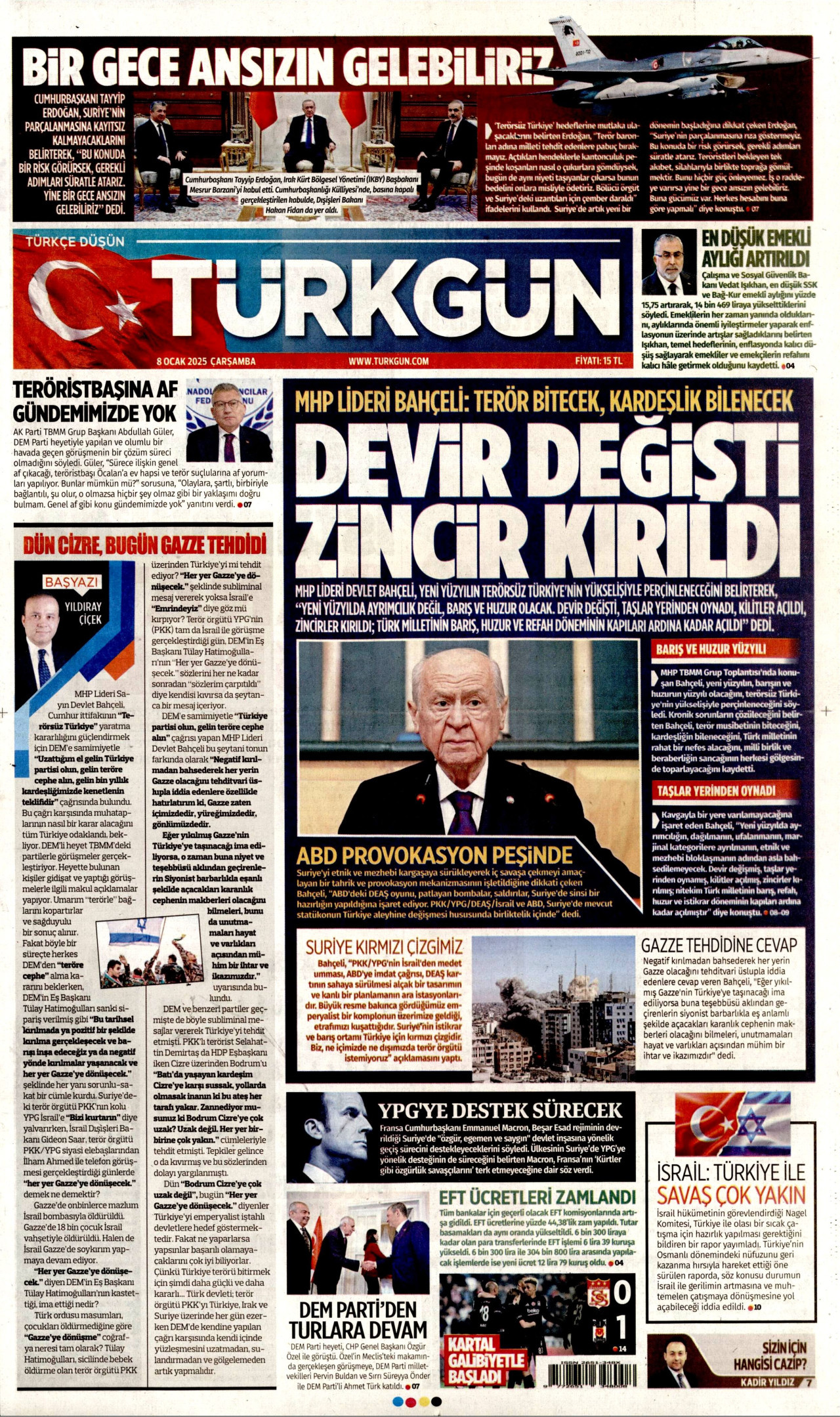 TÜRKGÜN gazetesinin 8 Ocak 2025 tarihli birinci sayfası