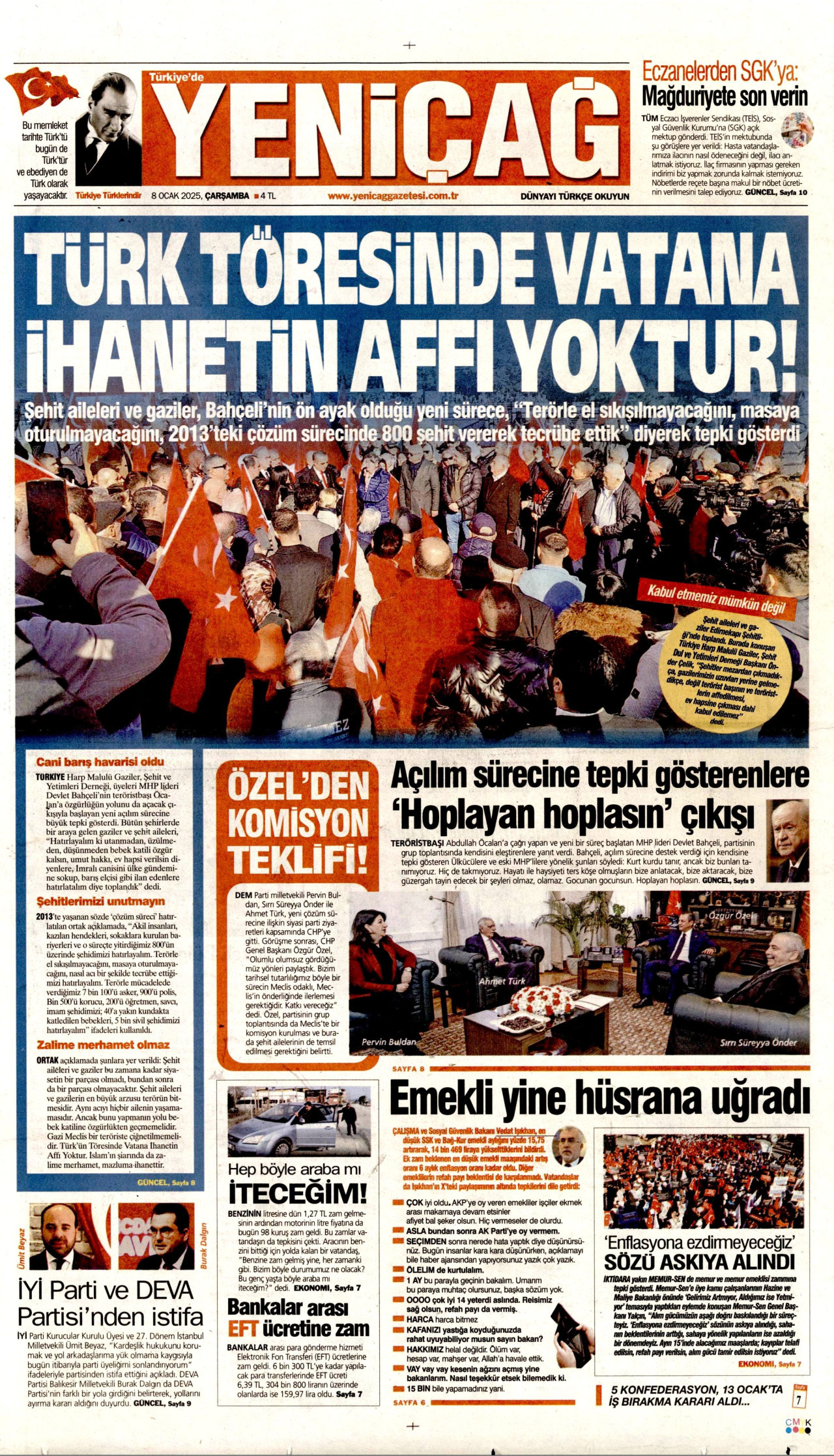YENİÇAĞ gazetesinin 8 Ocak 2025 tarihli birinci sayfası