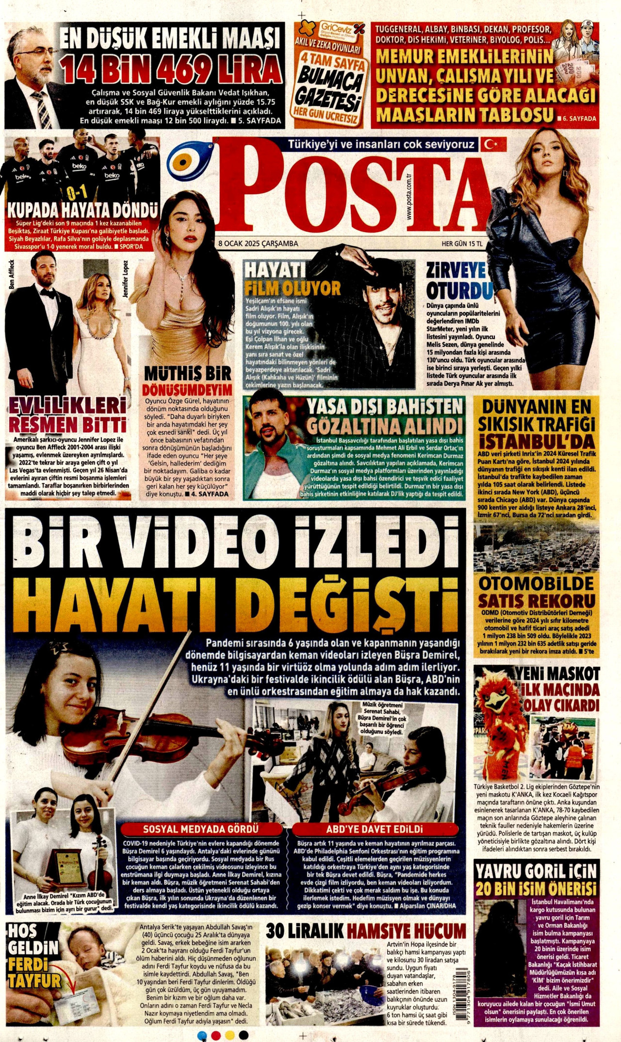 POSTA gazetesinin 8 Ocak 2025 tarihli birinci sayfası