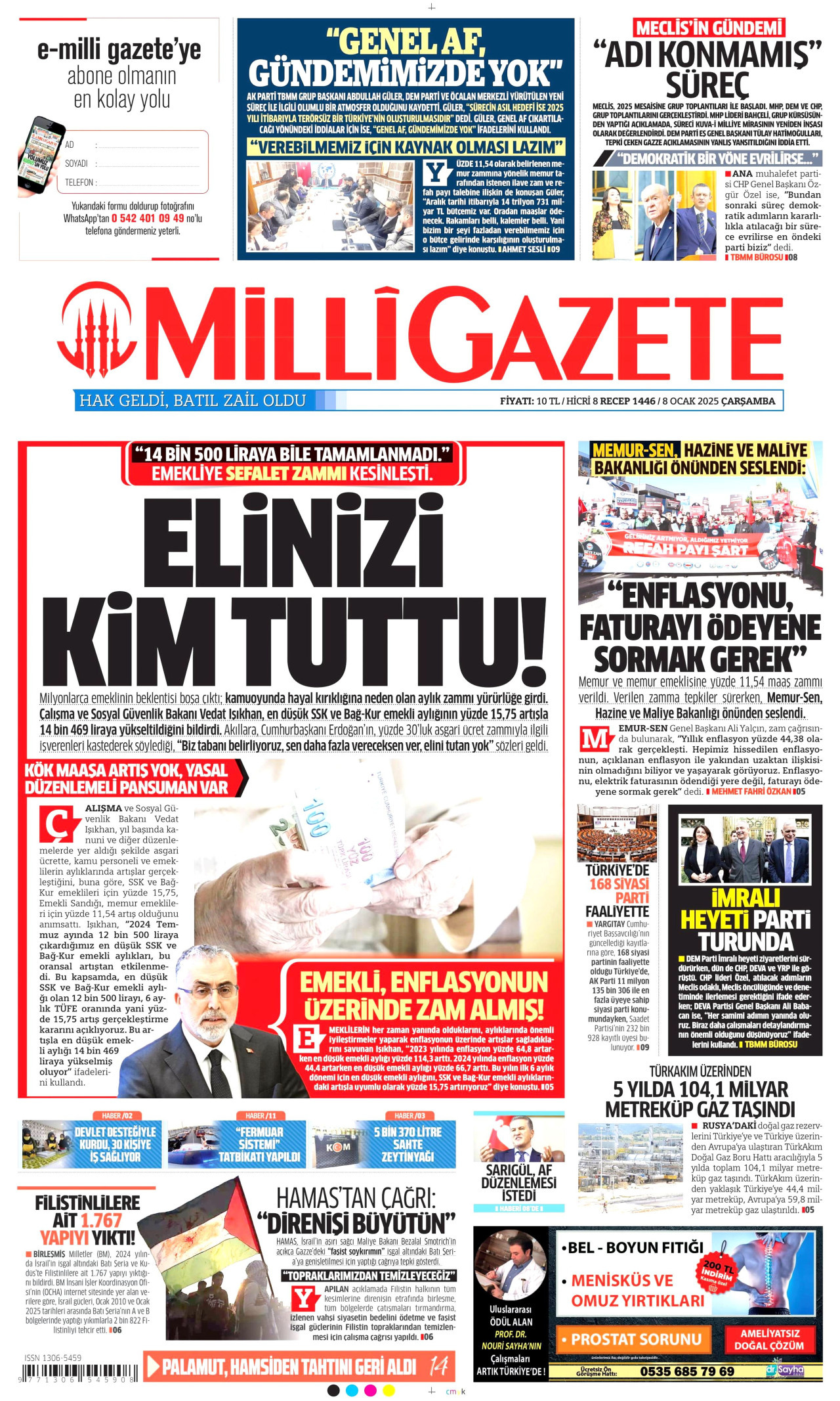 MİLLİ GAZETE gazetesinin 8 Ocak 2025 tarihli birinci sayfası