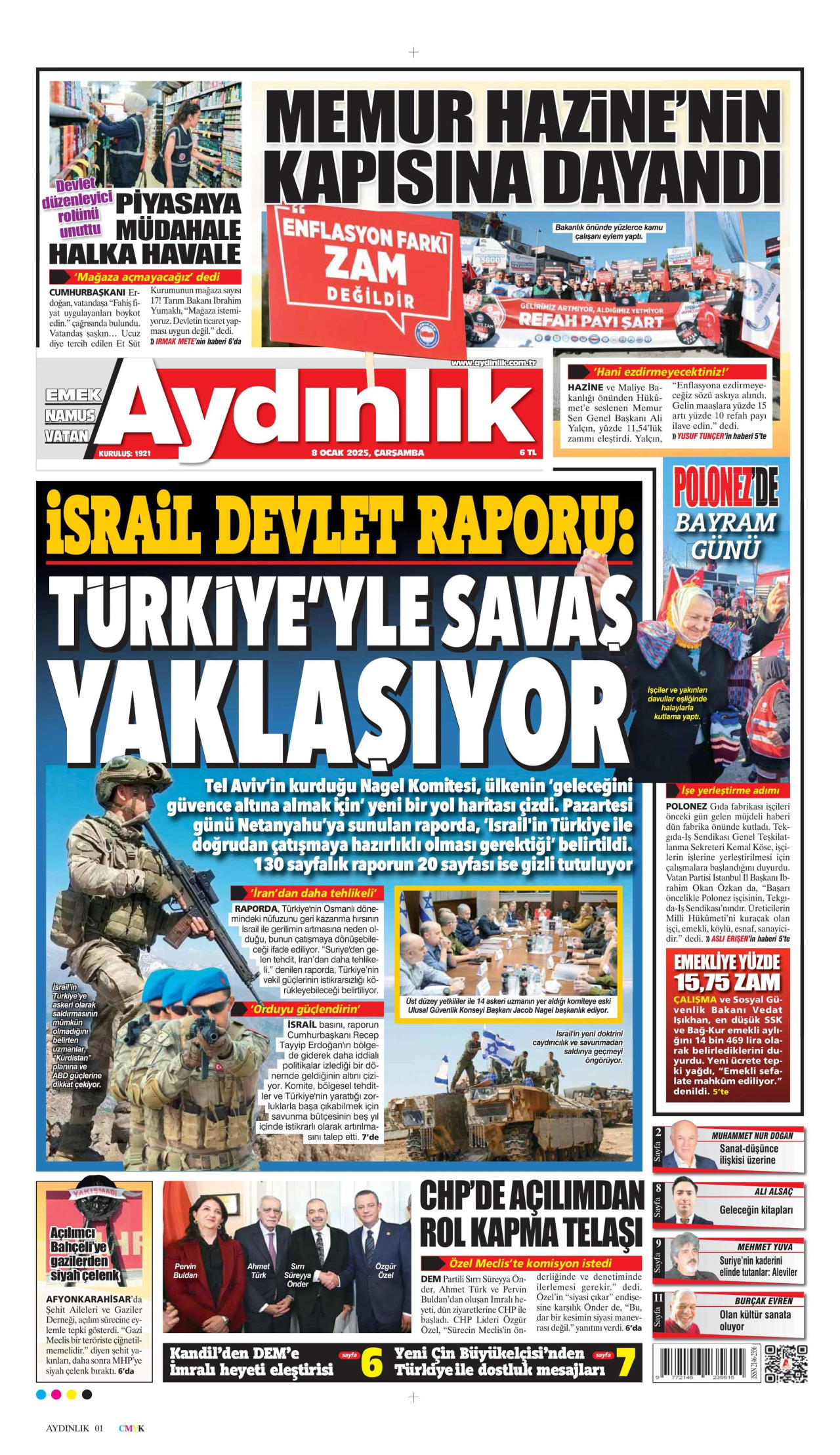 AYDINLIK GAZETESİ gazetesinin 8 Ocak 2025 tarihli birinci sayfası