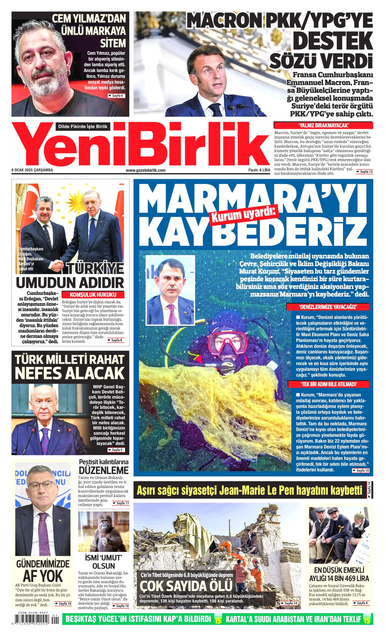 YENİBİRLİK gazetesinin 8 Ocak 2025 tarihli birinci sayfası