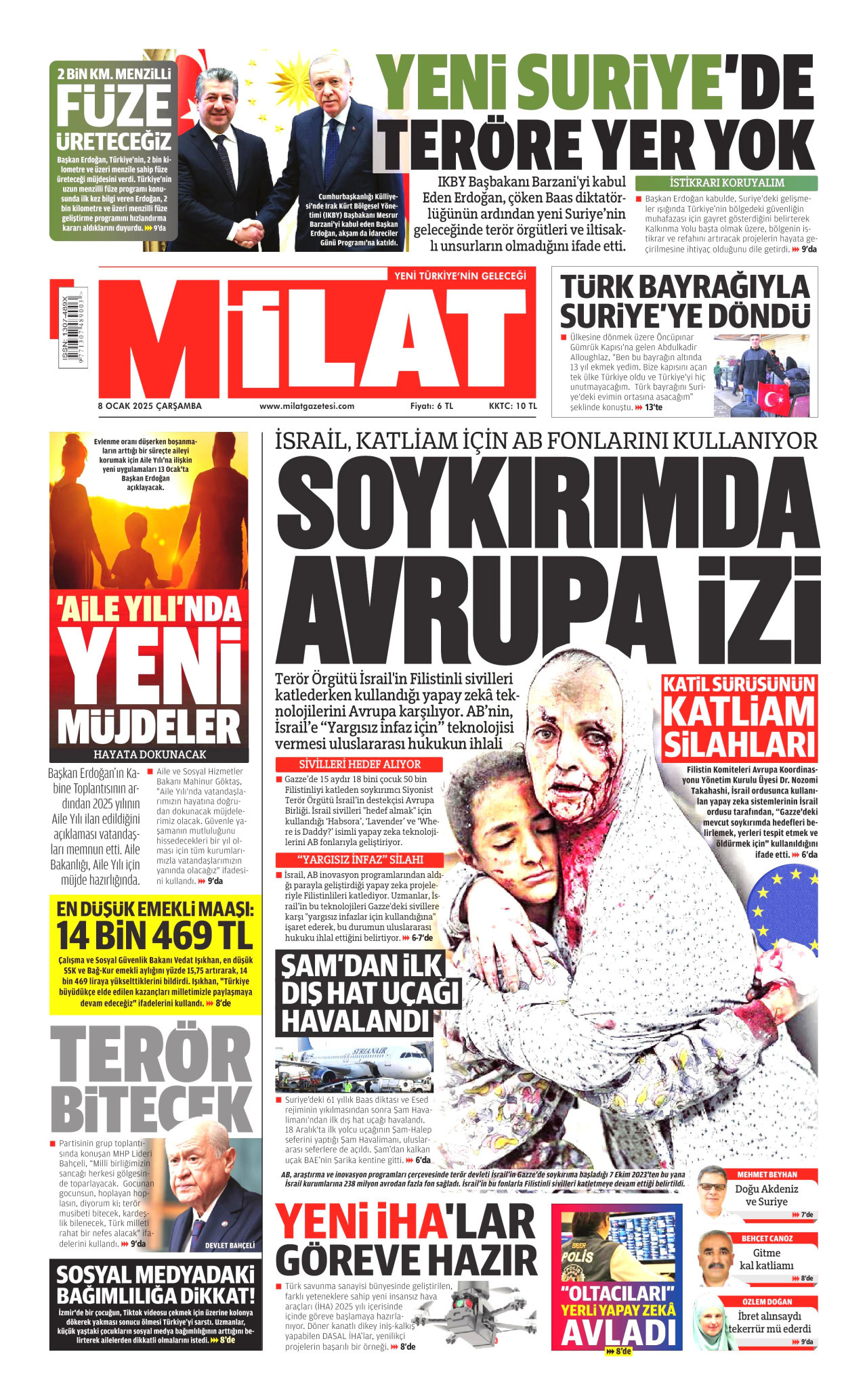 MİLAT gazetesinin 8 Ocak 2025 tarihli birinci sayfası