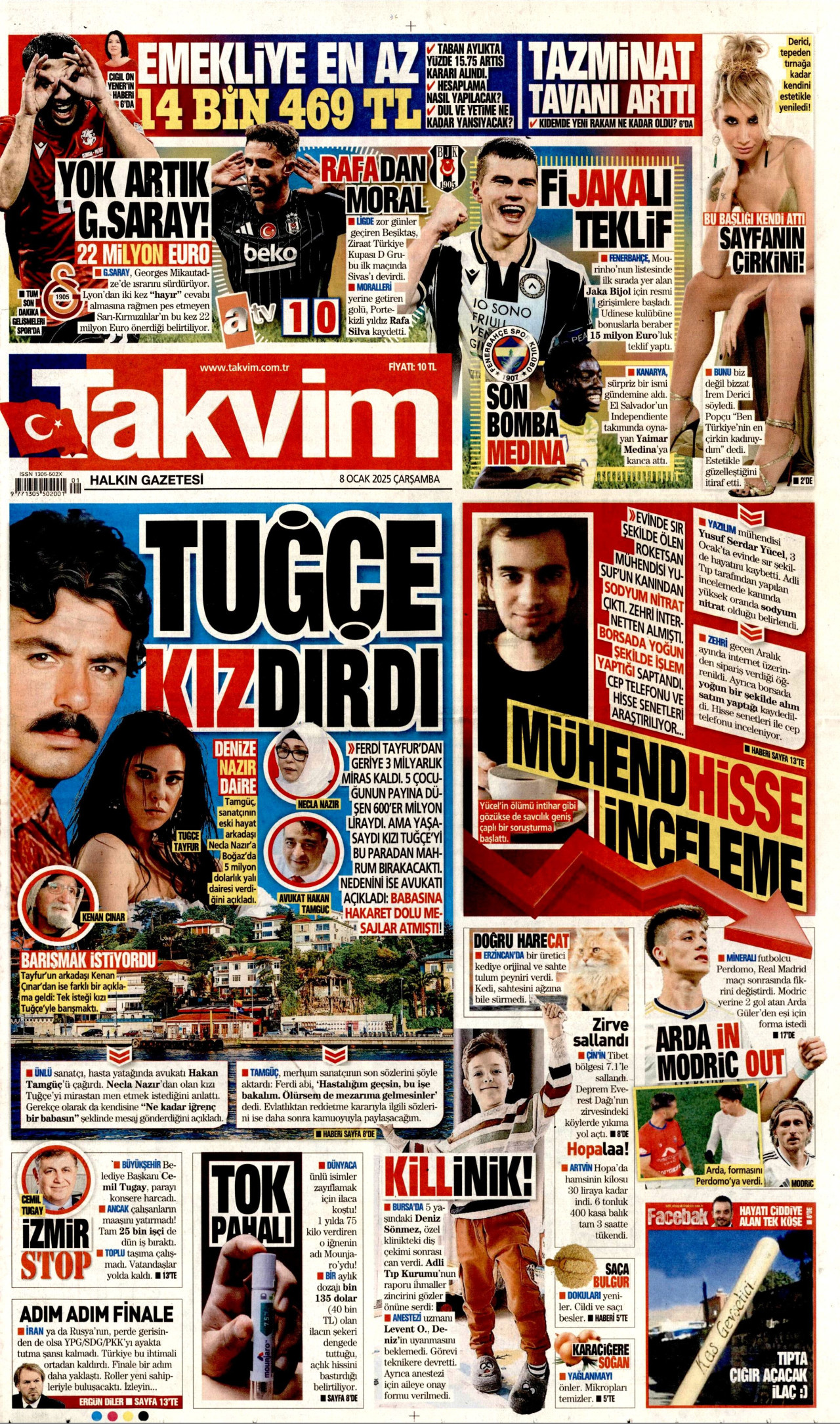 TAKVİM gazetesinin 8 Ocak 2025 tarihli birinci sayfası