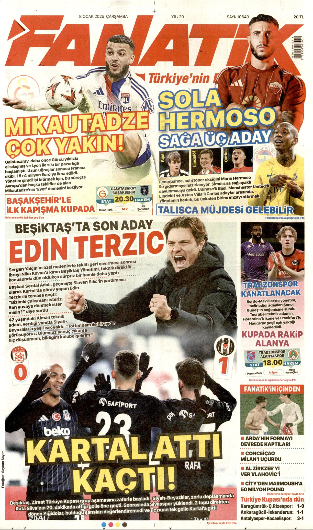 FANATİK gazetesinin 8 Ocak 2025 tarihli birinci sayfası