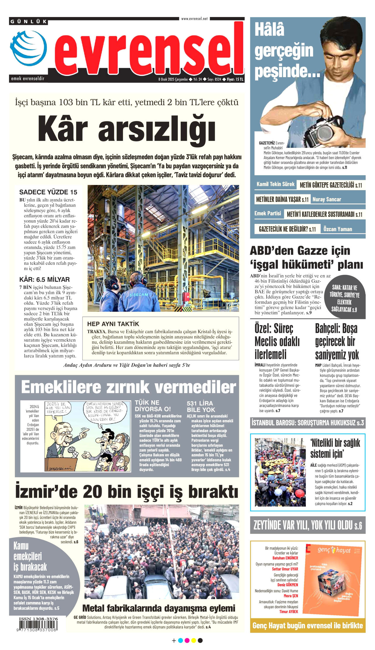 EVRENSEL gazetesinin 8 Ocak 2025 tarihli birinci sayfası