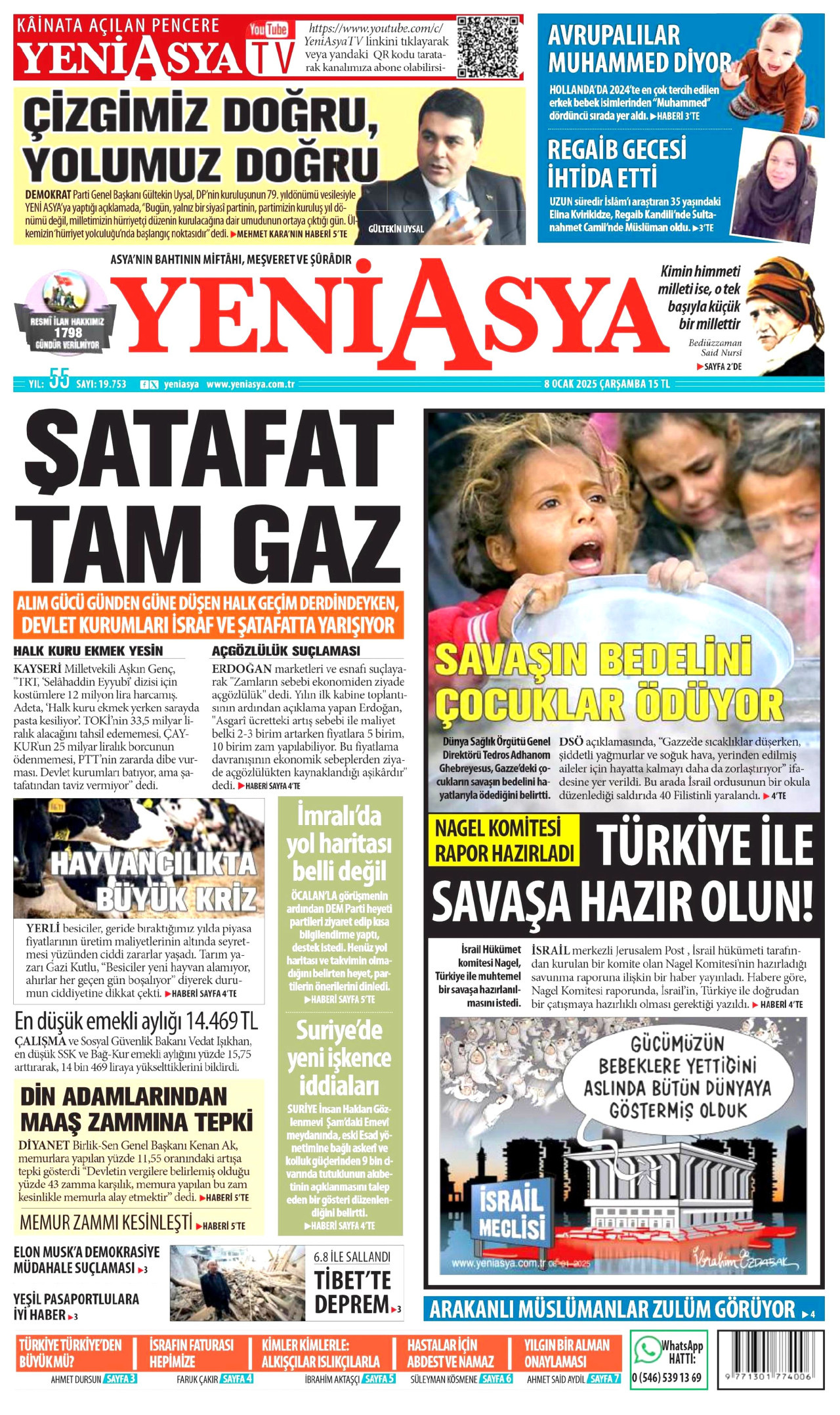YENİ ASYA gazetesinin 8 Ocak 2025 tarihli birinci sayfası