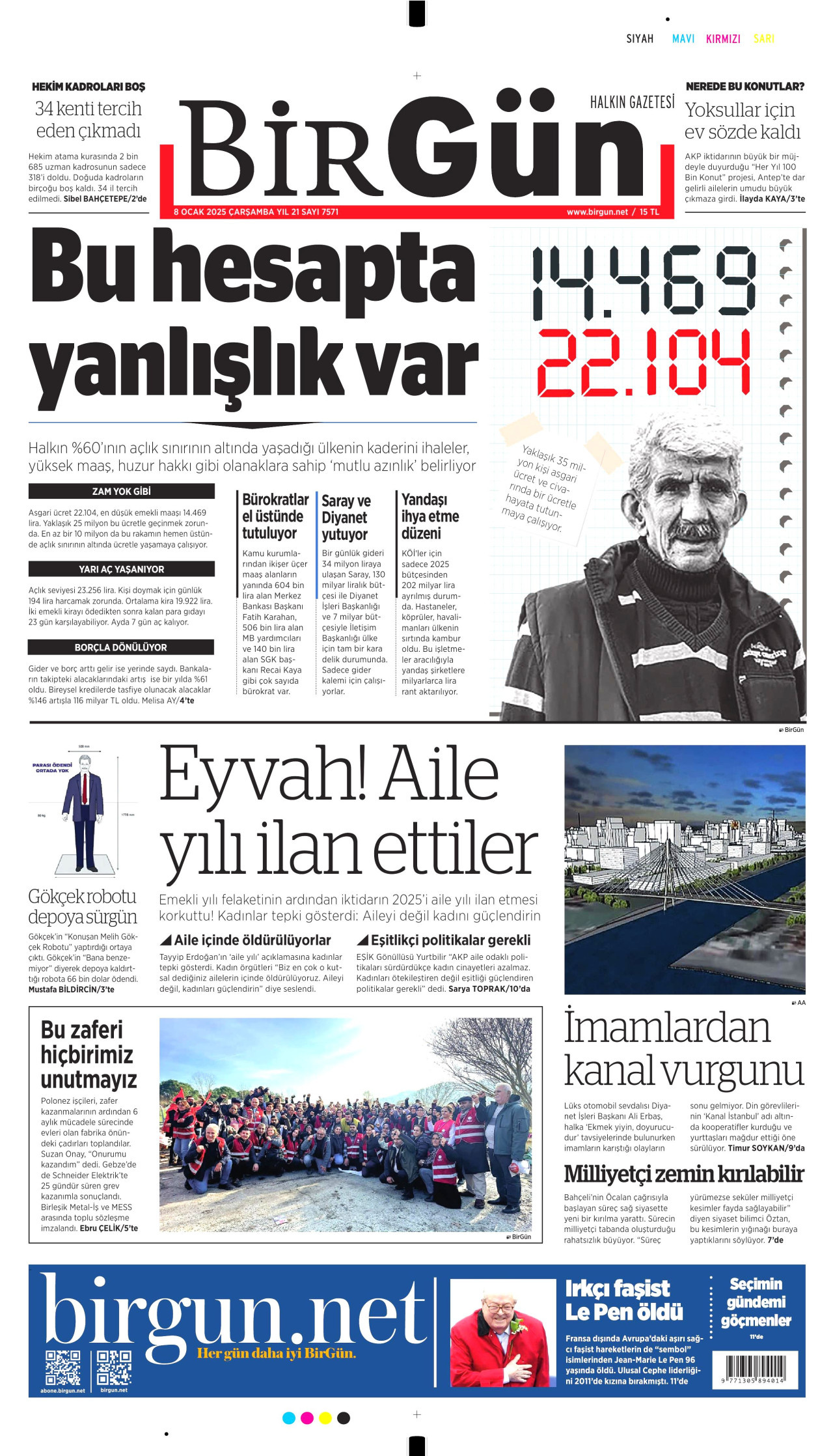 BİRGÜN gazetesinin 8 Ocak 2025 tarihli birinci sayfası