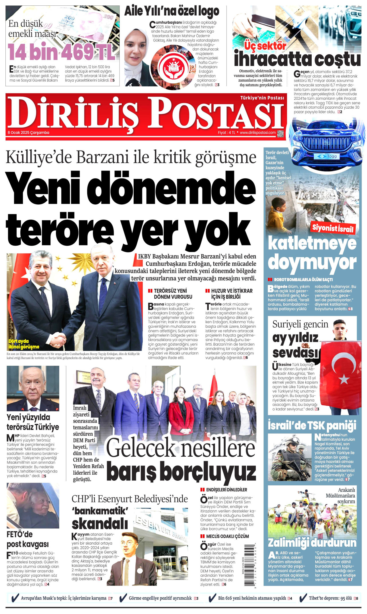 DİRİLİŞ POSTASI gazetesinin 8 Ocak 2025 tarihli birinci sayfası